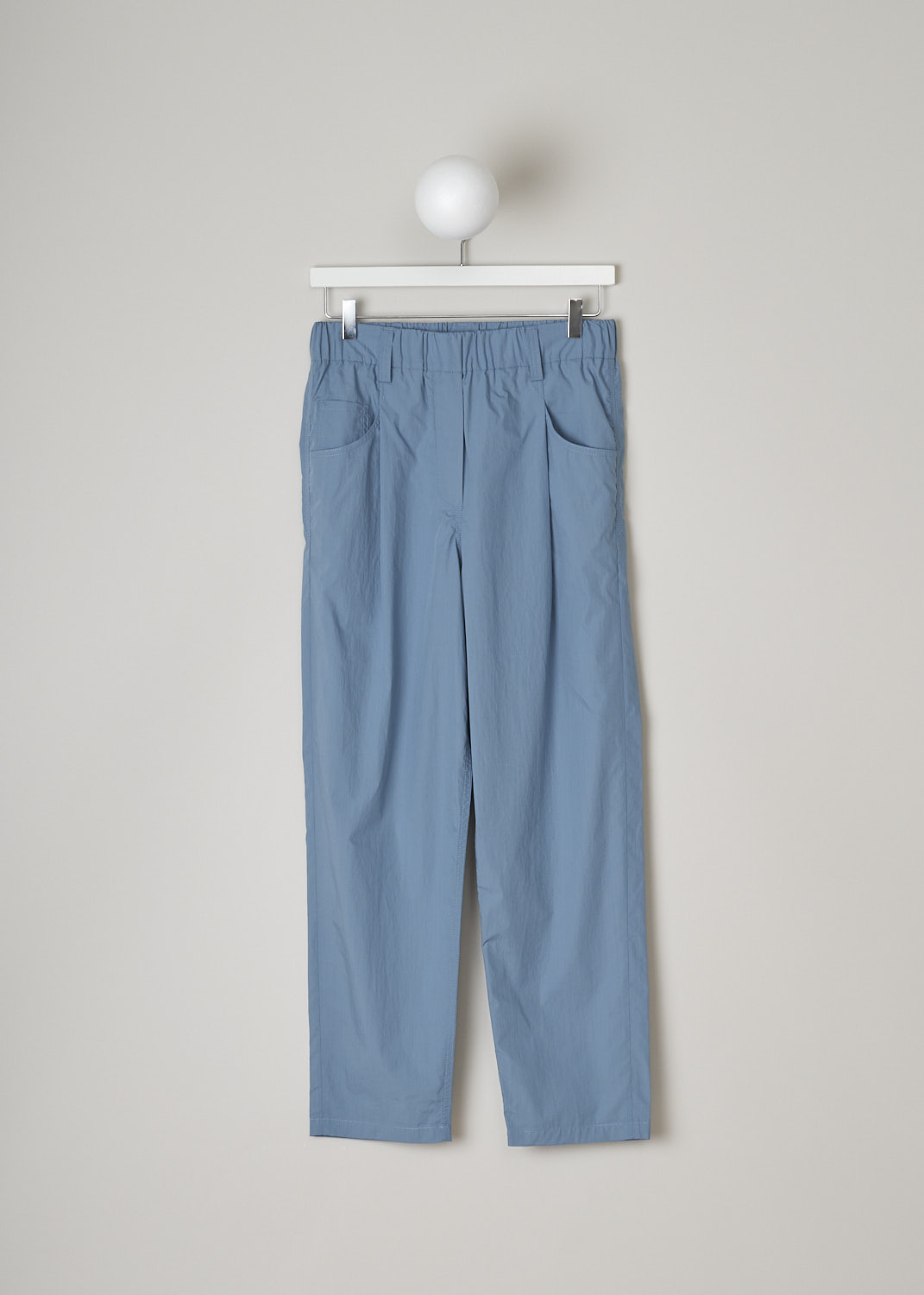 BRUNELLO CUCINELLI, LIGHT BLUE SLIP-ON PANTS, M0H93P7894_C8627, Blue, Front, These light blue slip-on pants have an elasticated waistband with belt loops and a mock-fly stitched on the front. These pants have a traditional five pocket configuration, with two pockets and a single coin pocket in the front and two patch pockets in the back. The straight cropped pant legs have front pleats. 
