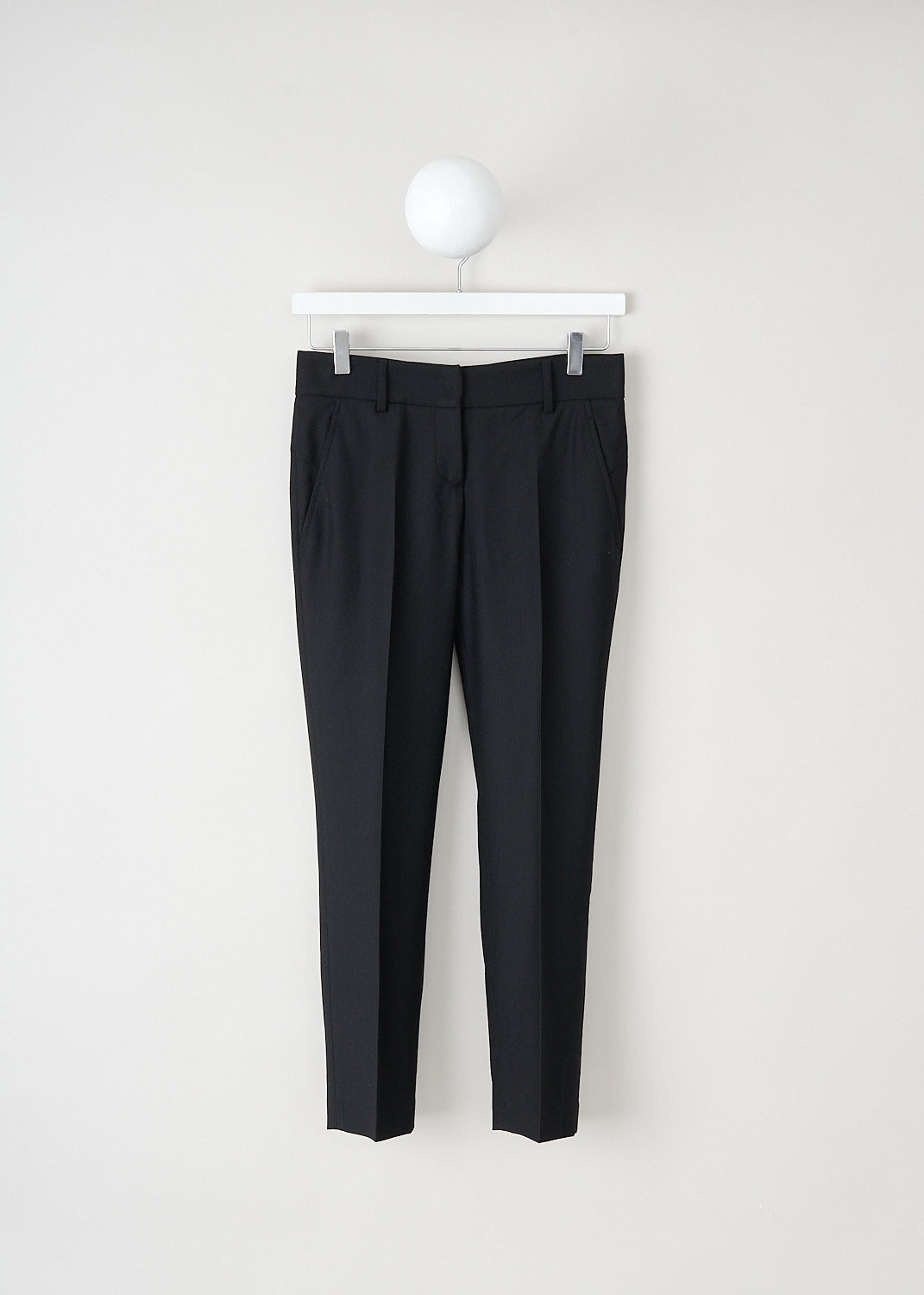 Brunello Cucinelli, Mid-rise black wool pants, M0L02P8531_C200, Black, Front, These mid-rise black wool pants have a waistband with belt loops and a concealed clasp and zip closure. These pants have slanted pockets in the front and buttoned welt pockets in the back. The tapered pant legs have centre creases. 

