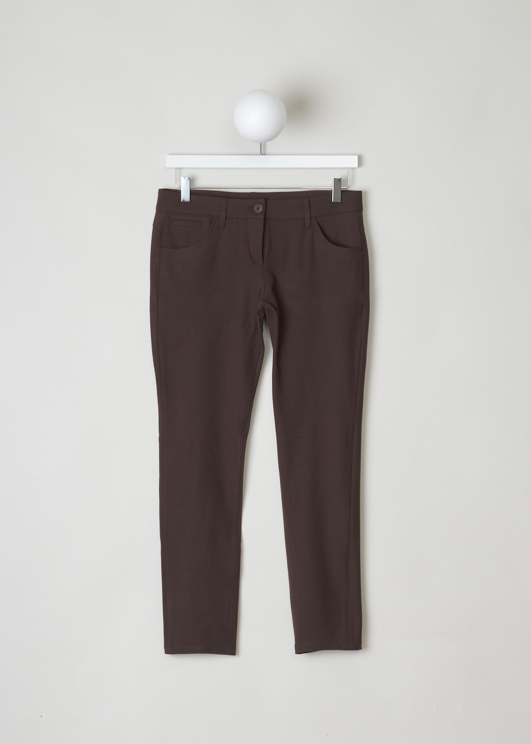 BRUNELLO CUCINELLI, BROWN WOOL PANTS, M0L15P1790_C2630, Brown, Front, Form fitting brown pants made with a wool blend. These pants have a waistband with belt loops. The closure option on these pants is a single button and a concealed zipper. These pants have a traditional five pocket configuration, meaning in the front there are two rounded pockets and a single coin pocket, and two pockets in the back.
