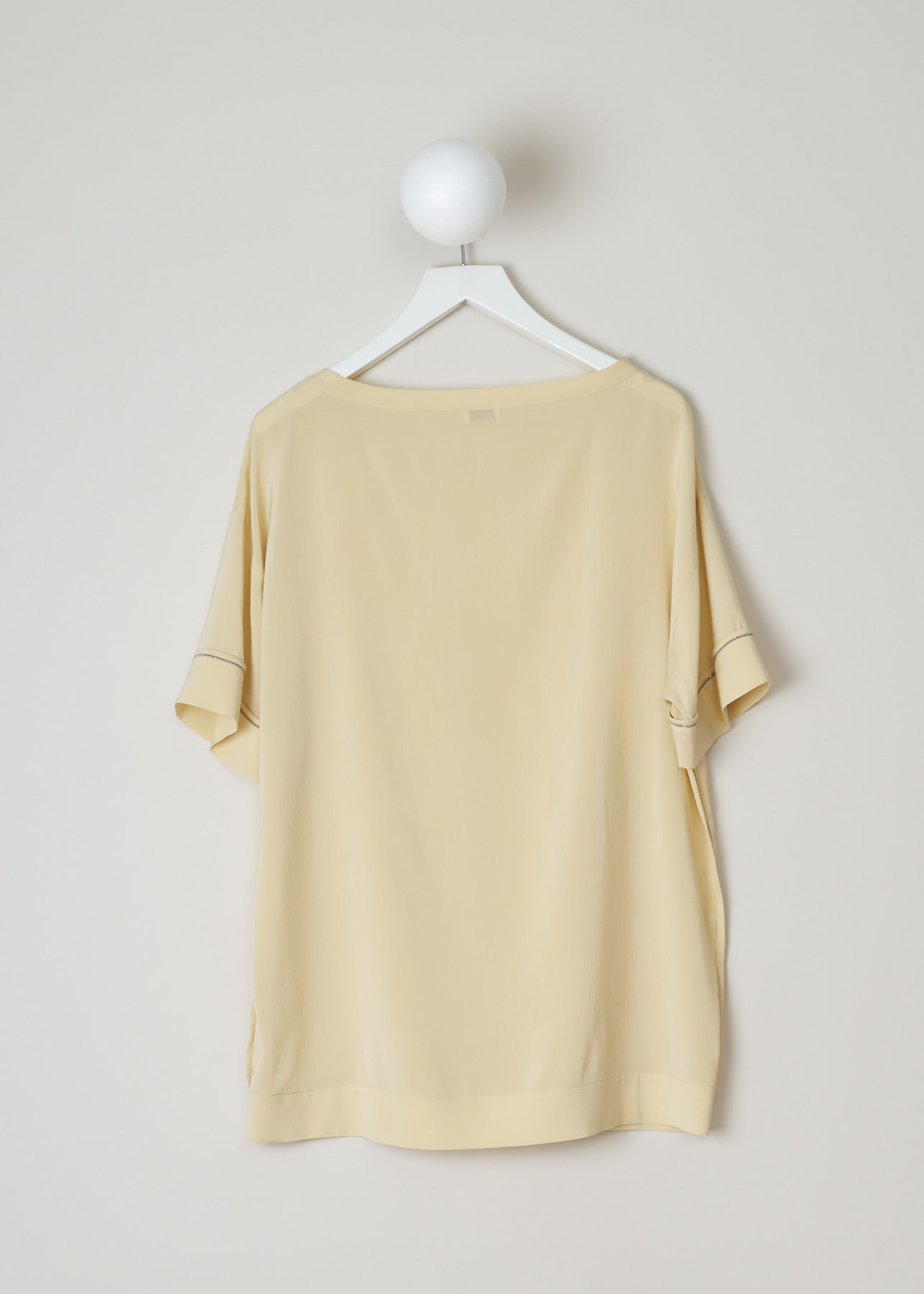 Brunello Cucinelli, 
Silk boxy t-shirt,
M0S28B7108_CF013,back,Oversized fluid silk crepe de Chine t-shirt top. With monili sparkle detail on the left pocket, short sleeves and side seams.