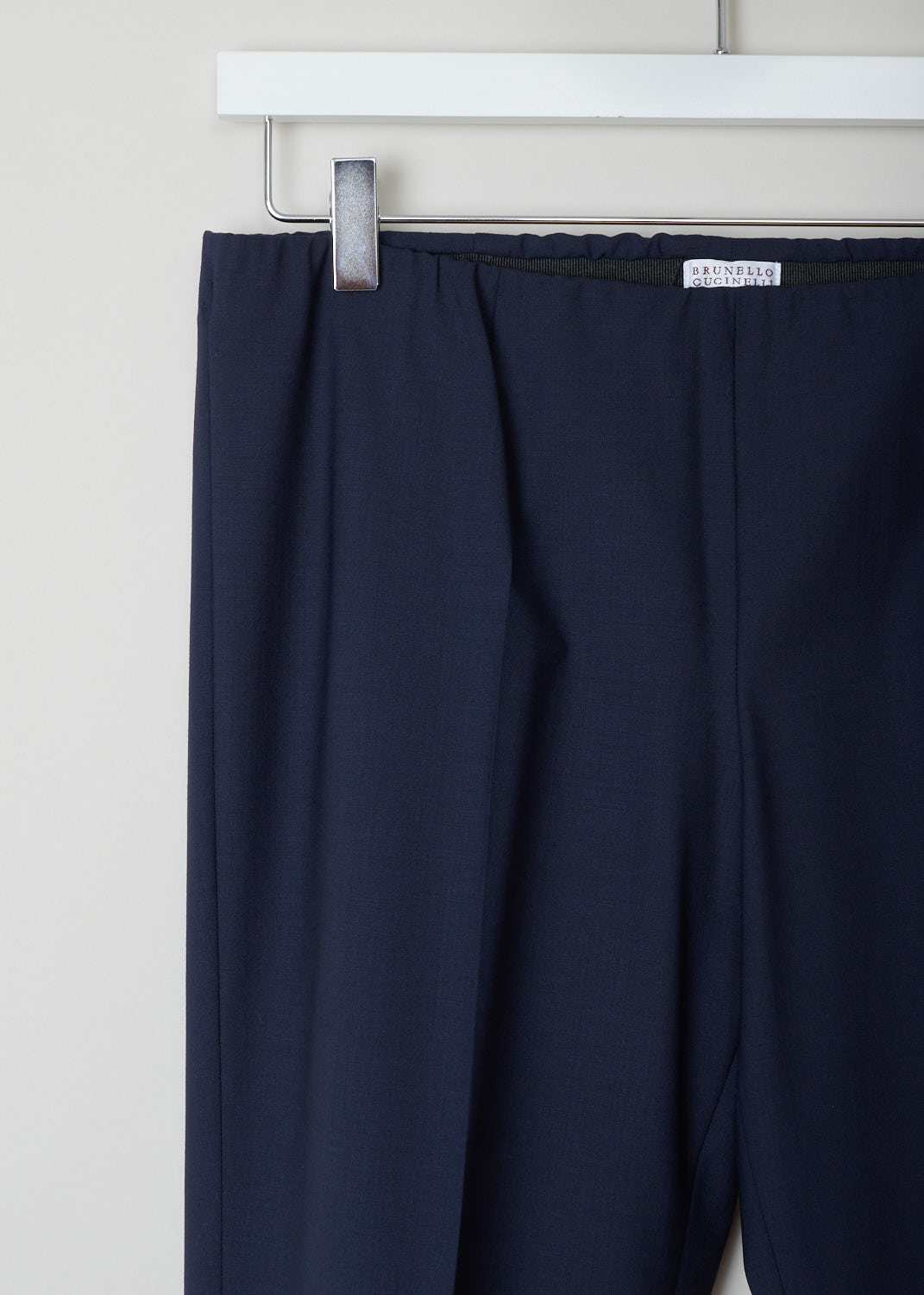Brunello Cucinelli, Navy pants with an elastic waistband, M0F70P1794_C2931, blue, detail, Empower your outfit with these minimalistic designed pants, in a lightweight wool. These low cut pants have a slim fit and a concealed elasticated waistband.