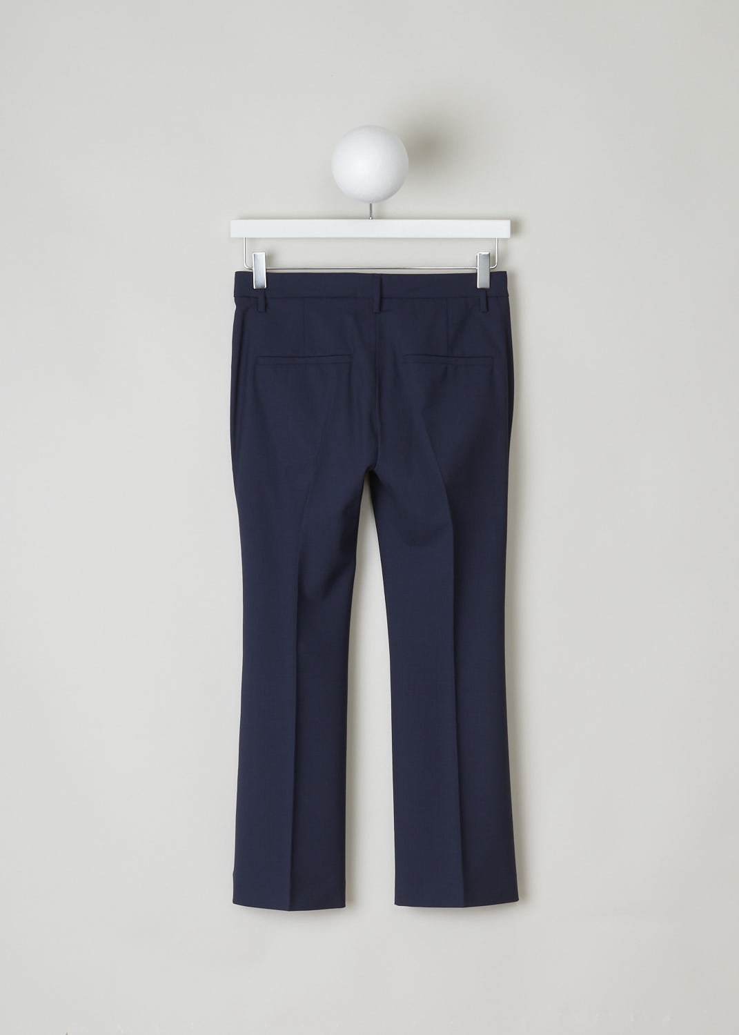 Brunello Cucinelli, Navy blue straight-leg pants, M0W07P1951_C2831, Blue, Back, These navy blue low-cut pants have a waistband with belt loops and a concealed claps and zip closure. Slanted pockets can be found in the front and welt pockets in the back. These pants have straight cropped pant legs. 
