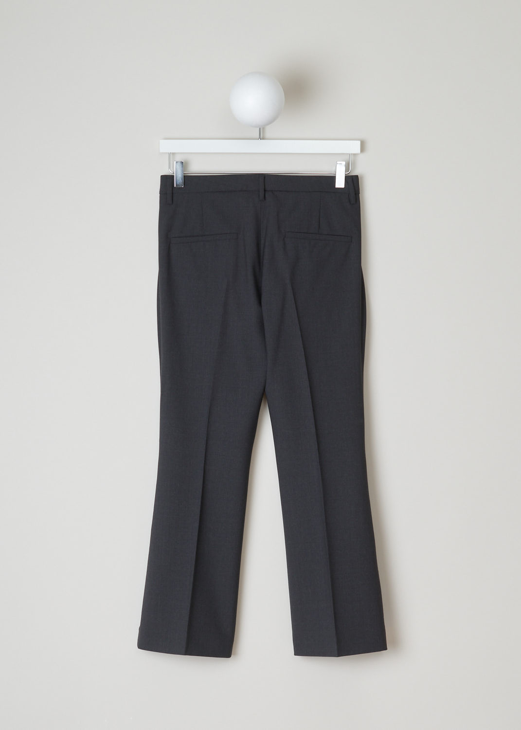 Brunello Cucinelli, Dark grey pants, M0W07P1951_C796, grey, back, Dark grey pants, featuring a flat front model. This low-cut model has a cropped length, slanted pockets at the front and two welt pockets at the back. Fastening option on this model is a zipper, a metal clip and a backing button. 