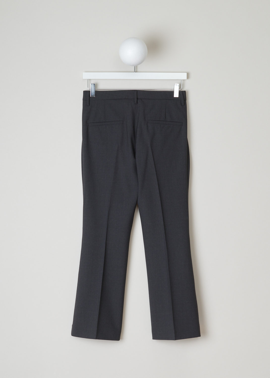 Brunello Cucinelli, Dark grey pants, M0W07P1951_C796, Grey, Back, These dark grey flat-front pants are low-cut with a cropped pant length. These pants have slanted pockets in the front and welt pockets at the back. A zipper, metal clip and backing button functions as the closure. 
