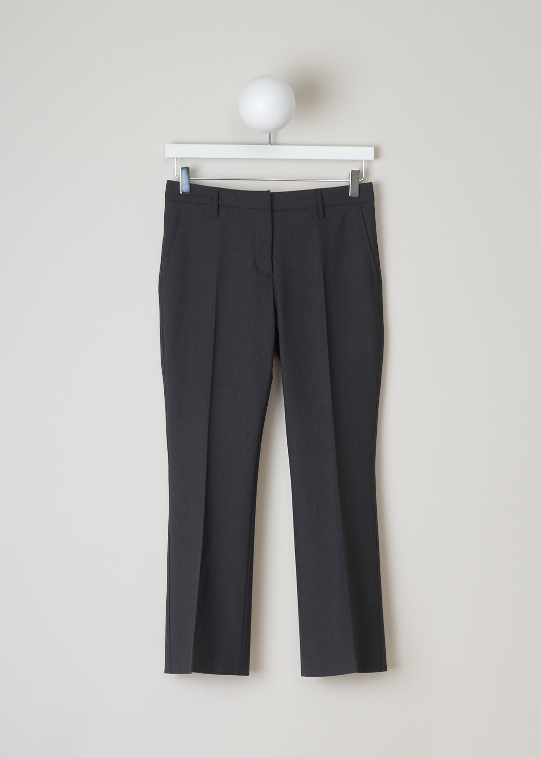 Brunello Cucinelli, Dark grey pants, M0W07P1951_C796, grey, front, Dark grey pants, featuring a flat front model. This low-cut model has a cropped length, slanted pockets at the front and two welt pockets at the back. Fastening option on this model is a zipper, a metal clip and a backing button. 