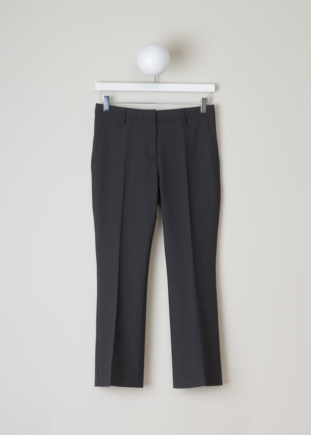 Brunello Cucinelli, Dark grey pants, M0W07P1951_C796, Grey, Front, These dark grey flat-front pants are low-cut with a cropped pant length. These pants have slanted pockets in the front and welt pockets at the back. A zipper, metal clip and backing button functions as the closure. 
