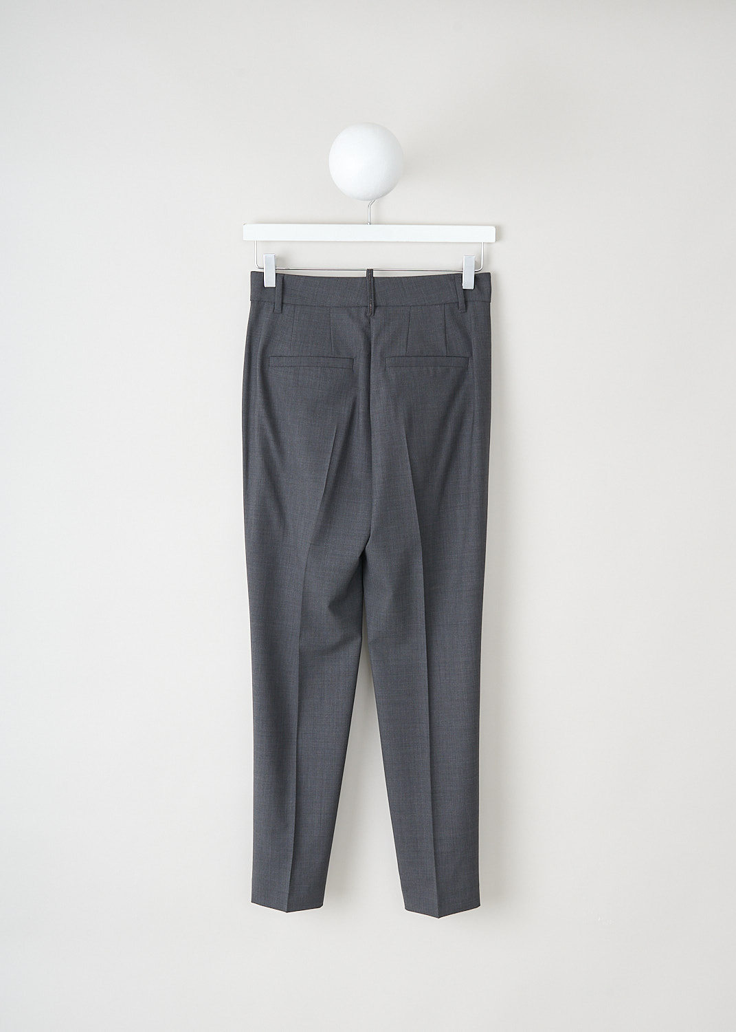 Brunello Cucinelli, Grey mid-rise pants, M0W07P7757_C4078, Grey, Back, These grey mid-rise pants have a waistband with belt loops and a concealed clasp and zip closure. In the front, these pants have slanted pockets. The tapered pant legs have pressed creases. In the back, these pants have faux welt pockets.

