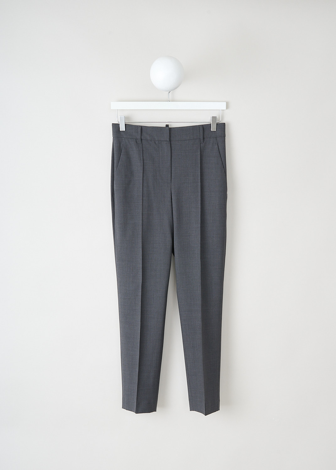 Brunello Cucinelli, Grey mid-rise pants, M0W07P7757_C4078, Grey, Front, These grey mid-rise pants have a waistband with belt loops and a concealed clasp and zip closure. In the front, these pants have slanted pockets. The tapered pant legs have pressed creases. In the back, these pants have faux welt pockets.


