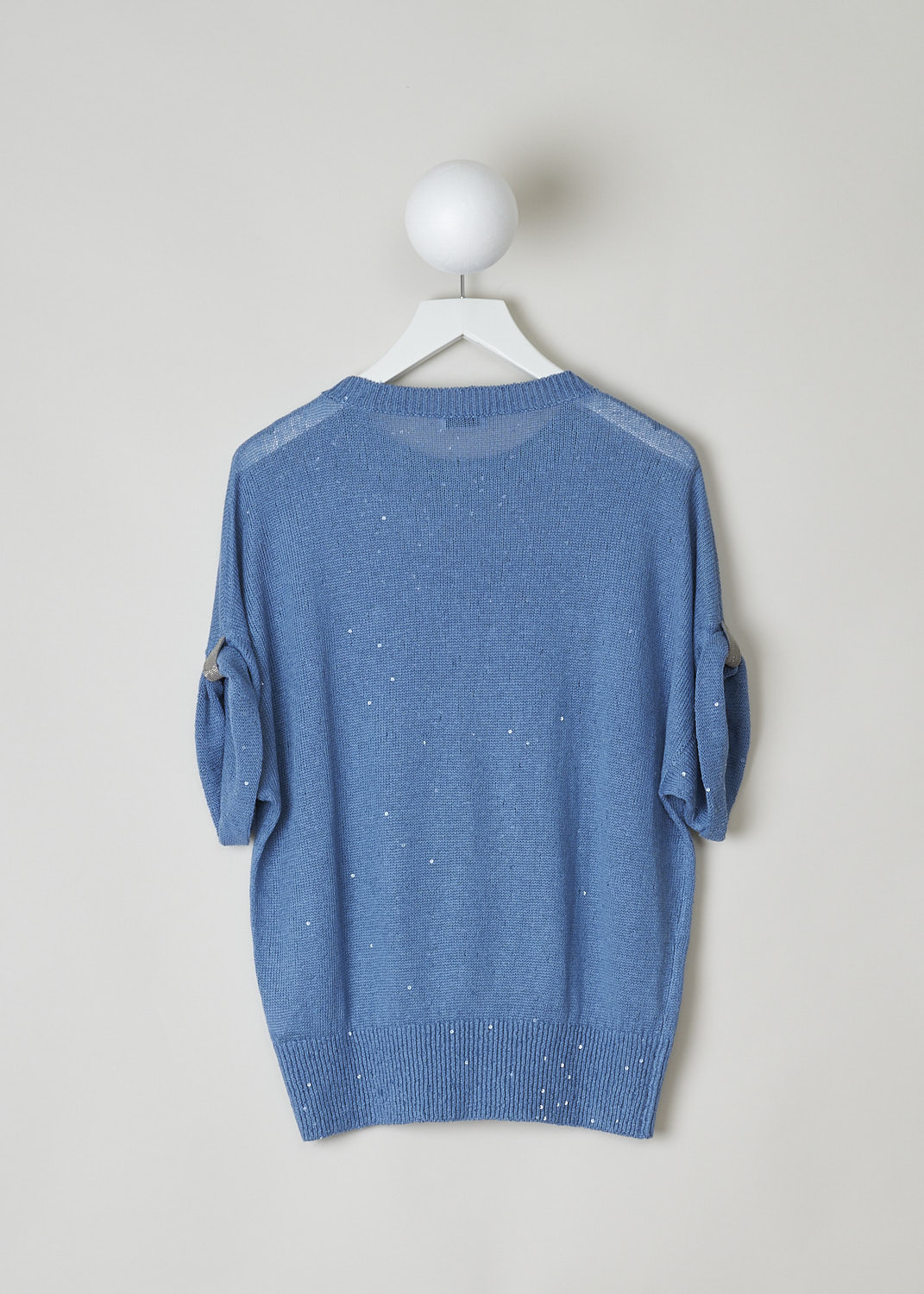 BRUNELLO CUCINELLI, LIGHT BLUE SWEATER WITH SEQUINS, M10552300_C9402, Blue, Back, This short sleeve light blue sweater has sequins sewn-in throughout. The round neckline, cuffs and hemline have a ribbed finish. The short sleeves are folded and held in place with a monilli decorated strap.
