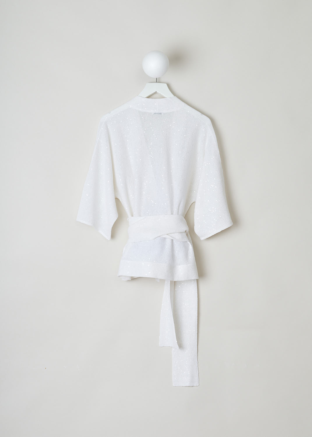 Brunello Cucinelli, Short sleeved oversized off-white cardigan, M10554806_CJ159, white, back, A short sleeved cardigan coloured off-white and  decorated with sequins. Featuring an overlapping fastening option combined with an belt in the same fabric. 