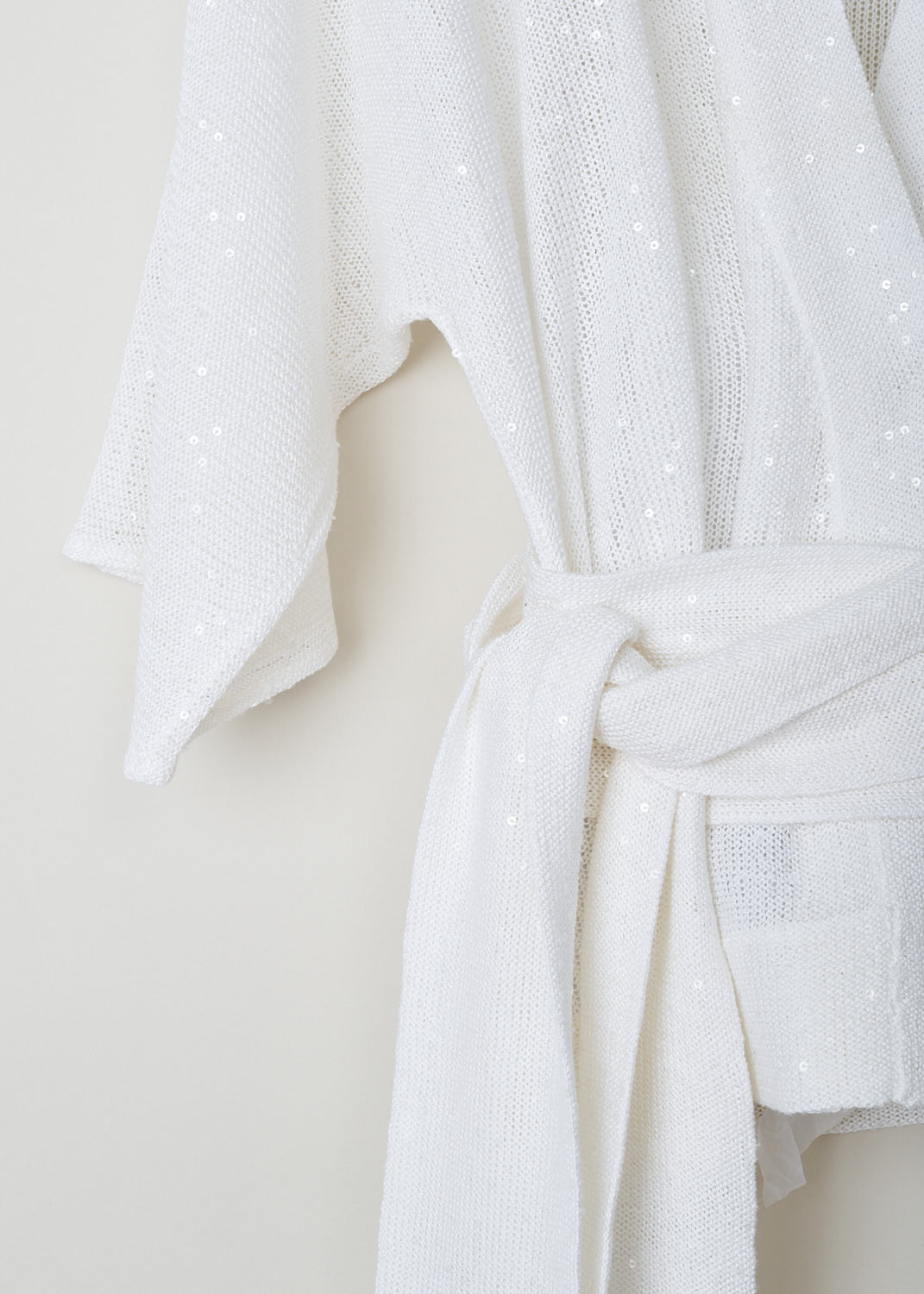 Brunello Cucinelli, Short sleeved oversized off-white cardigan, M10554806_CJ159, white, detail, This short-sleeve off-white cardigan is decorated with sequins. The cardigan features a wrap closure combined with a belt in the same fabric. 