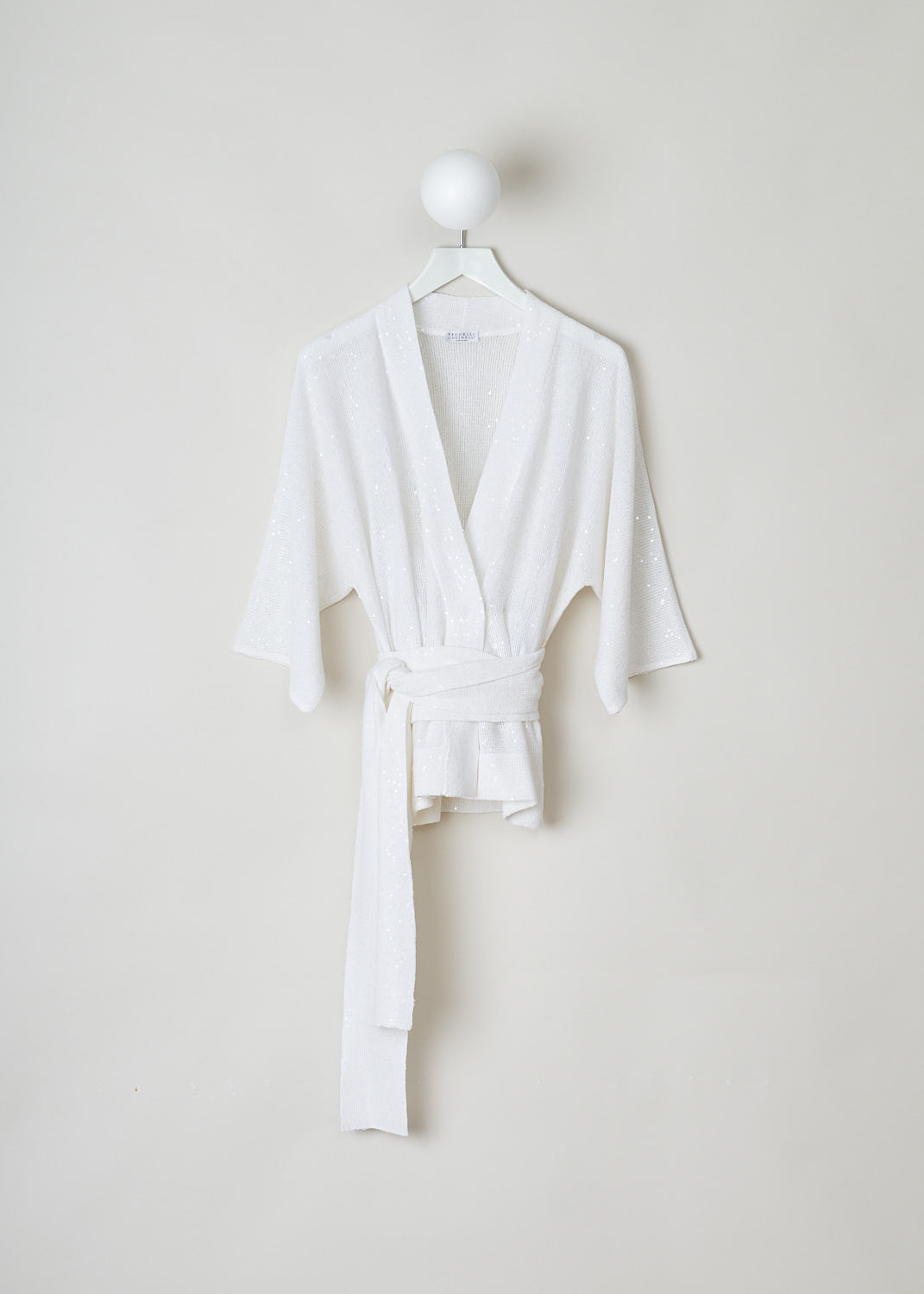 Brunello Cucinelli, Short sleeved oversized off-white cardigan, M10554806_CJ159, white, front, A short sleeved cardigan coloured off-white and  decorated with sequins. Featuring an overlapping fastening option combined with an belt in the same fabric. 