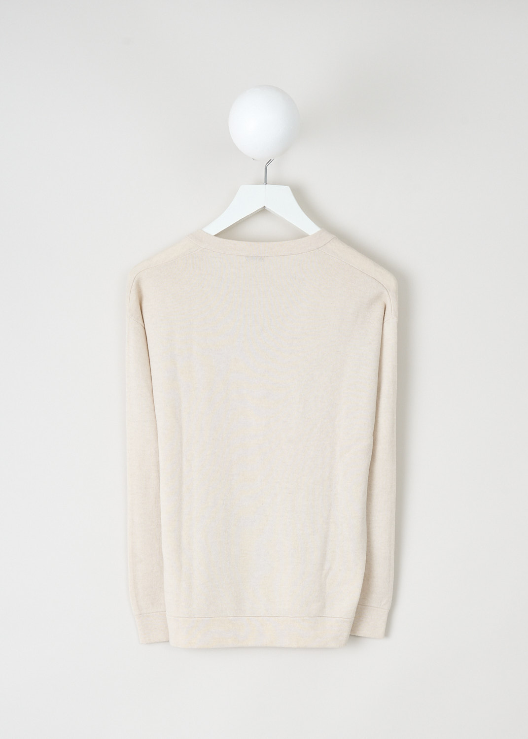 Brunello Cucinelli Off-white V-neck sweater, M12133602_CH257, White, Beige, Back, This off-white sweater has a V-neckline. The sweater has a monili-decorated breast pocket. Both the cuffs and the hem have a ribbed finish. The sweater has a high-low hemline.