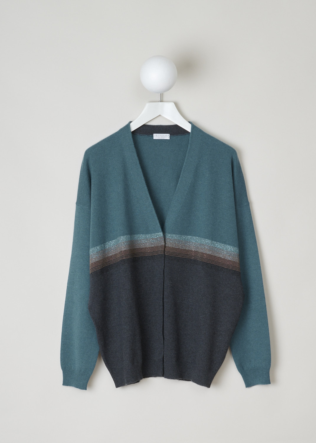 Brunello Cucinelli, Bicolour cashmere cardigan, M12149106_CV059, green grey, front, Soft cashmere cardigan in green and anthracite, with bronze metallic monili beads. featuring a deep v-neckline, concealed press studs on the front, and ribbed cuffs and hem. 