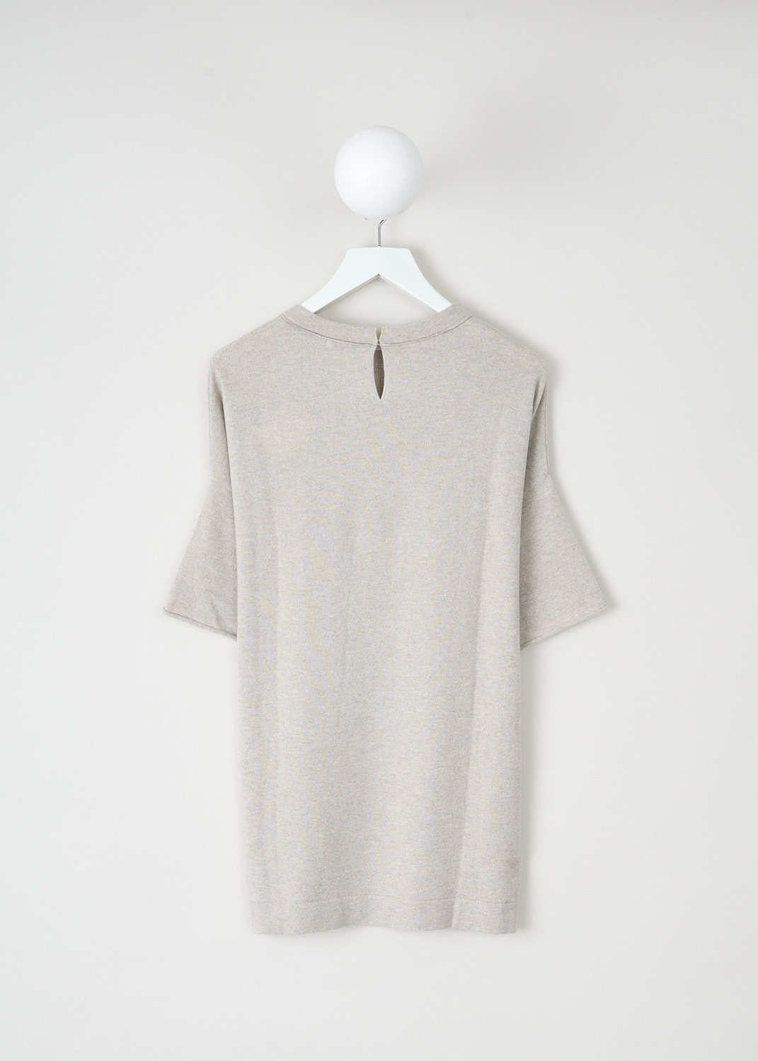 Brunello Cucinelli, Heather beige cashmere top, M12150910_C2856, Beige, Back, This heather beige cashmere top has a round neckline with a monili trim. In the back of the neck, a button crates a keyhole-detail that functions a closure. The top has short sleeves and a high-low hem with small slits.  