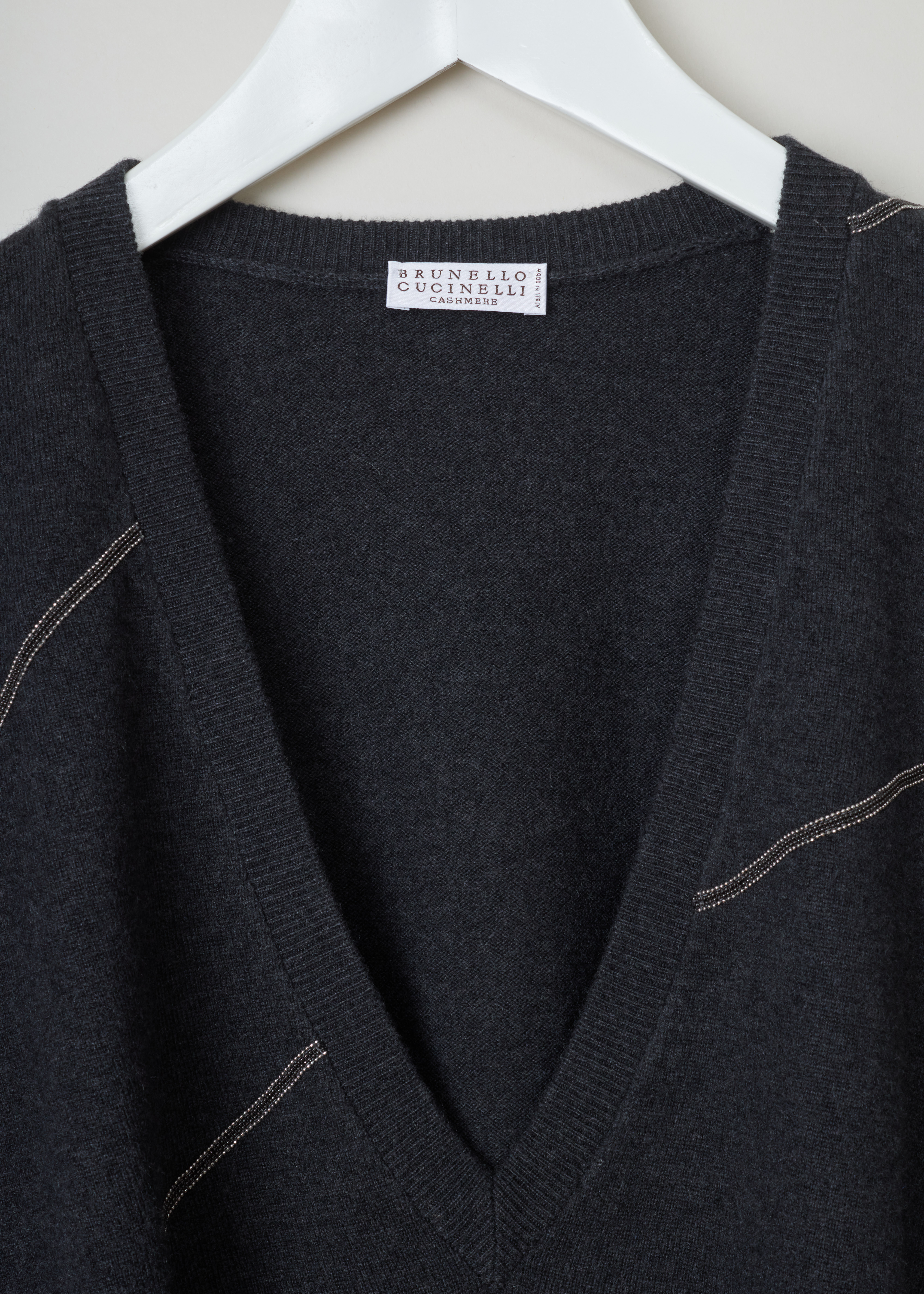 Brunello Cucinelli, Bead-embellished grey cashmere spencer, M12152002_C2803, Grey, Detail, This oversized spencer embellished with silver monili beads features a plunging V-neckline in the front. The back of is left unadorned.
