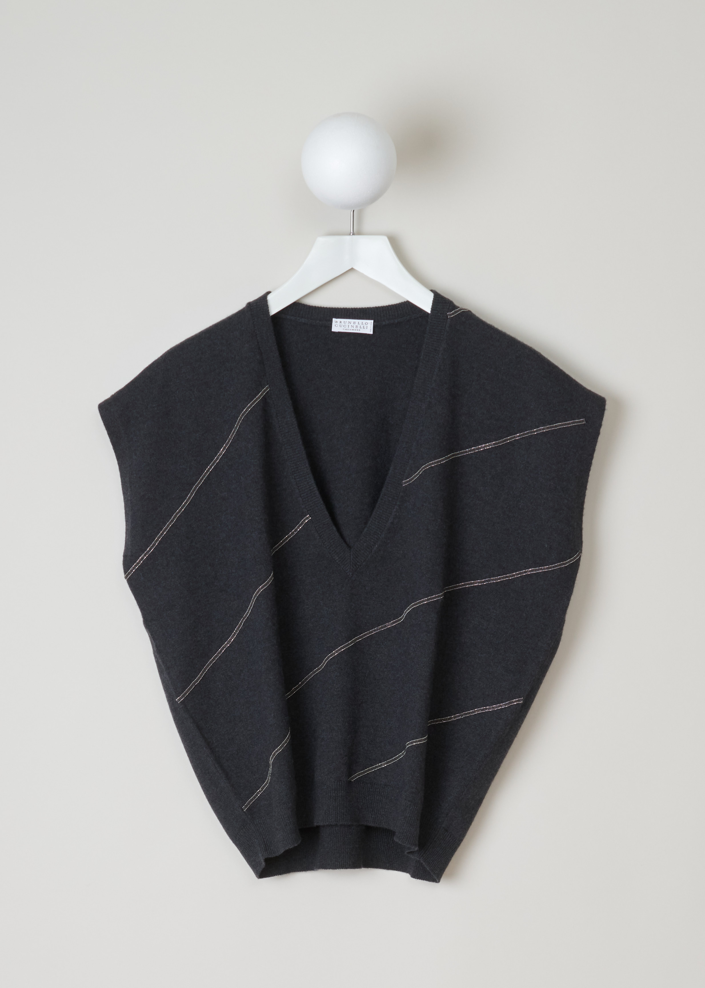 Brunello Cucinelli, Bead-embellished grey cashmere spencer, M12152002_C2803, Grey, Front, This oversized spencer embellished with silver monili beads features a plunging V-neckline in the front. The back of is left unadorned.
