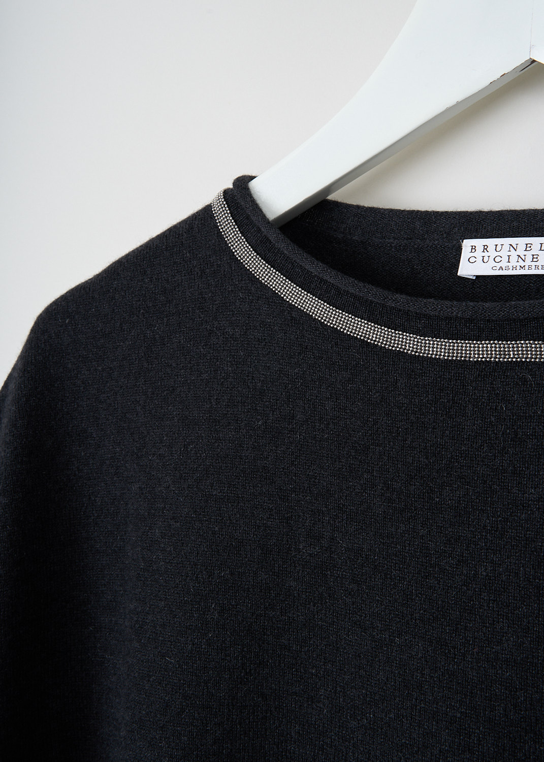 Brunello Cucinelli, Dark grey cashmere top with monili detail, M12154210_CE230, Grey, Detail, This dark grey cashmere top has a round neckline with a monili trim. The top has short sleeve and a longer bodice.
