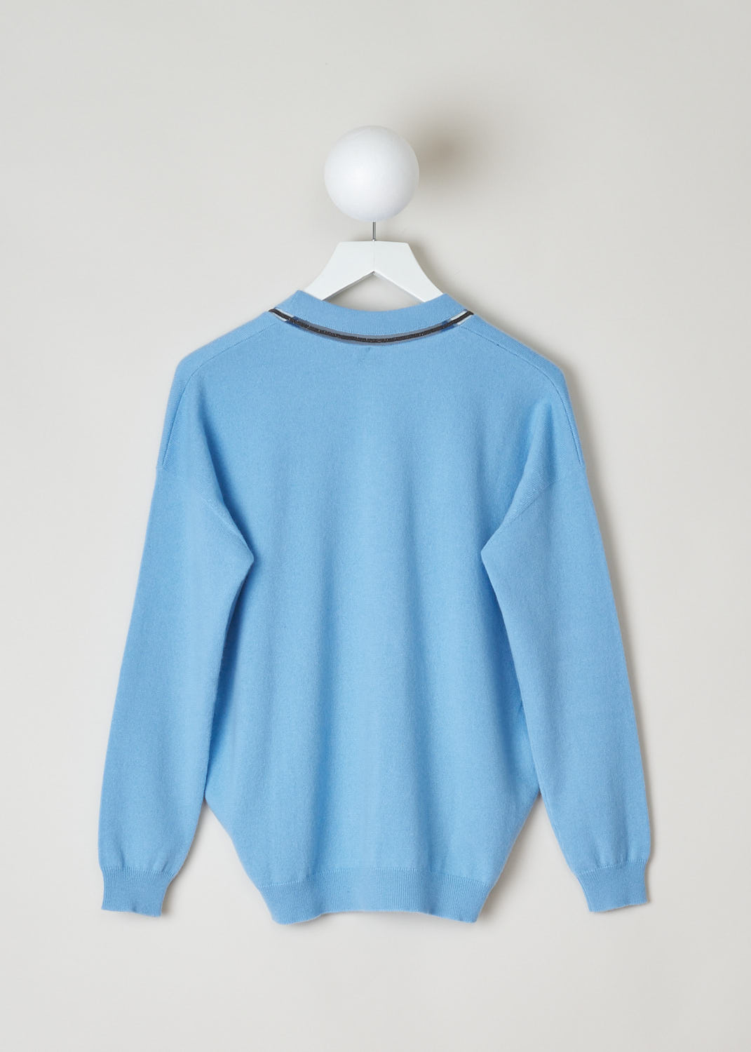 BRUNELLO CUCINELLI, BLUE CARDIGAN WITH BEADED TRIMS, M12167306_C9401, Blue, Back, Light blue cardigan with a bead embellished trim. The cardigan had a front button closure with tortoise shell buttons.