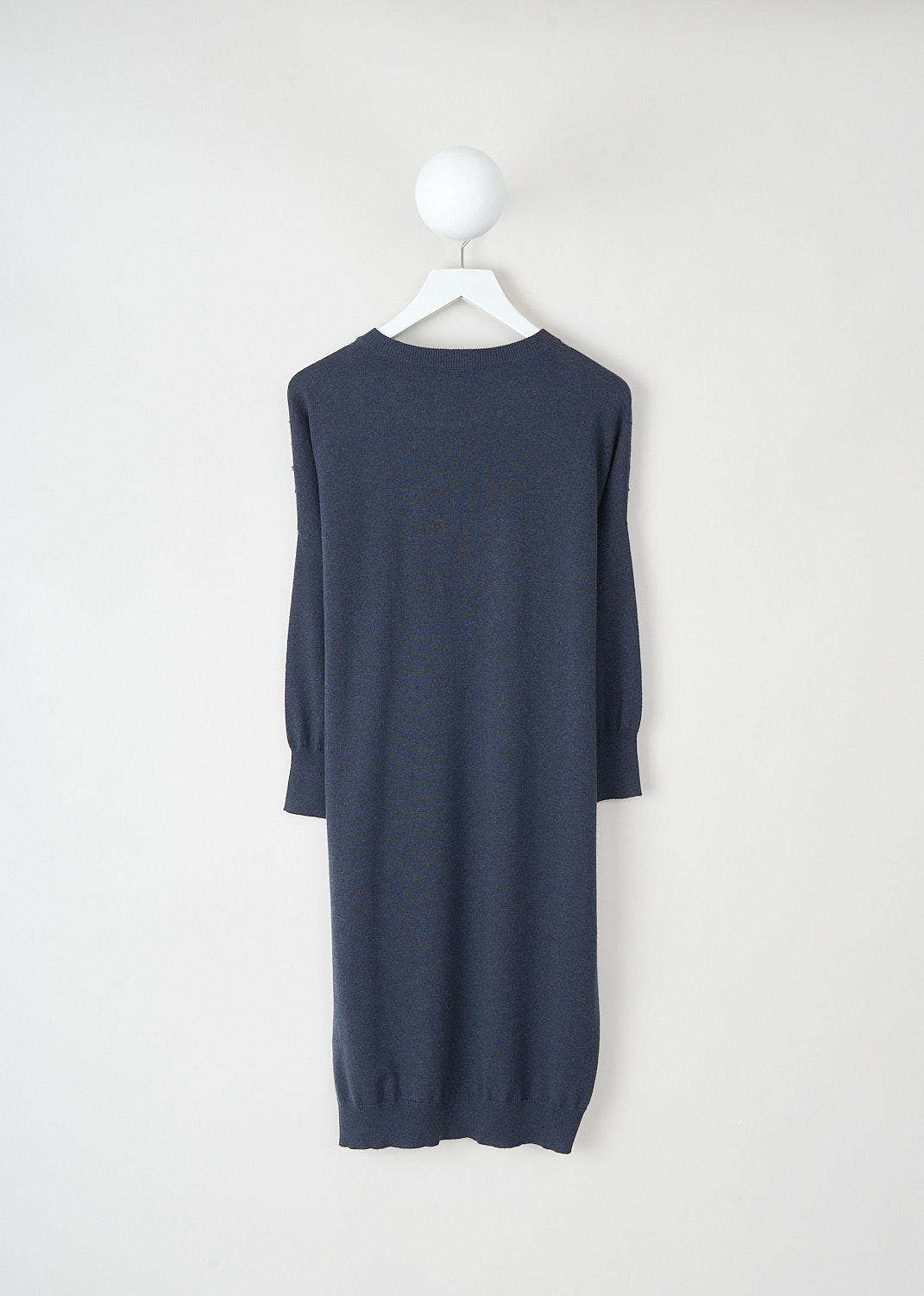 Brunello Cucinelli, Dark blue long-sleeve dress with sequin detailing, M12173A90_C7186, Blue, Back, This dark blue long-sleeve dress has a round neckline and long sleeves. On the front, the dress is decorated with criss cross sequin lines.
