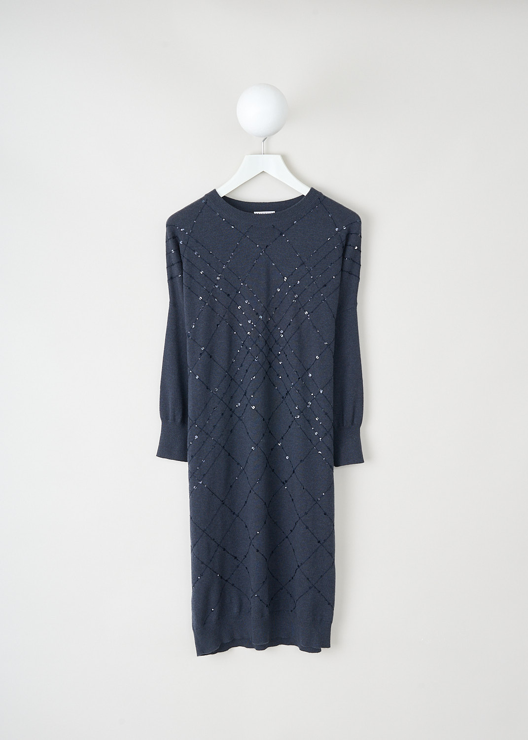 Brunello Cucinelli, Dark blue long-sleeve dress with sequin detailing, M12173A90_C7186, Blue, Front, This dark blue long-sleeve dress has a round neckline and long sleeves. On the front, the dress is decorated with criss cross sequin lines.
