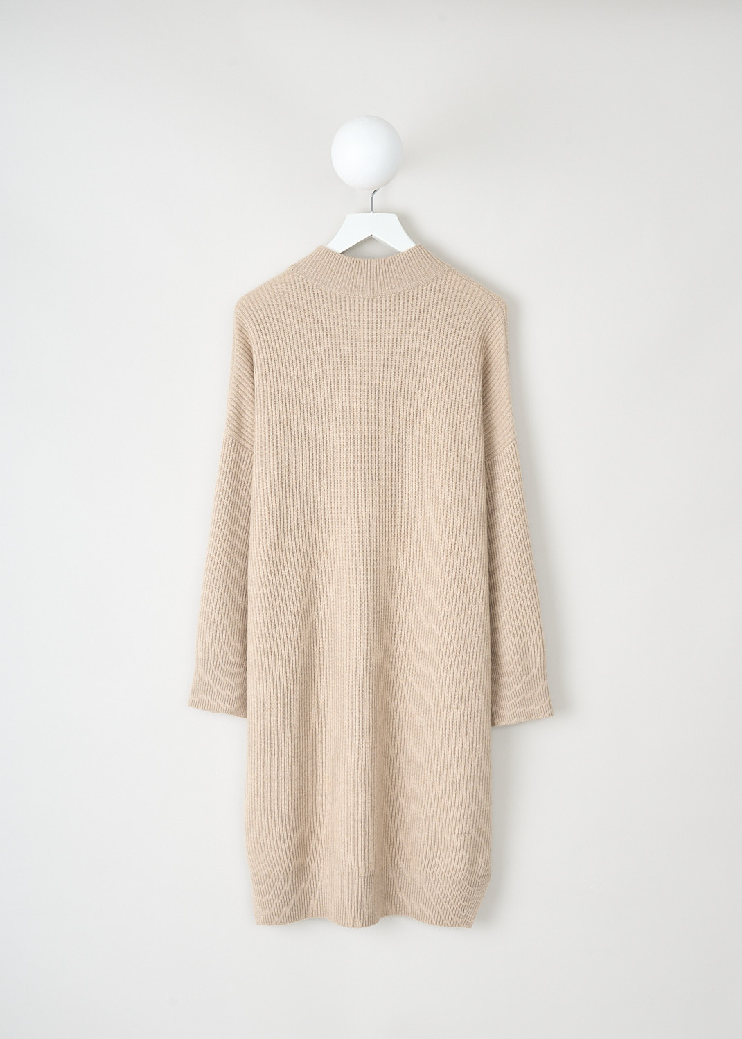 Brunello Cucinelli, Beige rib knit dress with buttoned sleeves, M12714A94_C077, Beige, Back, This beige rib knit dress has a round neckline and long sleeves with buttons on the inside of the arm. On the front, the dress has a single breast pocket. The dress has a straight hemline. 

