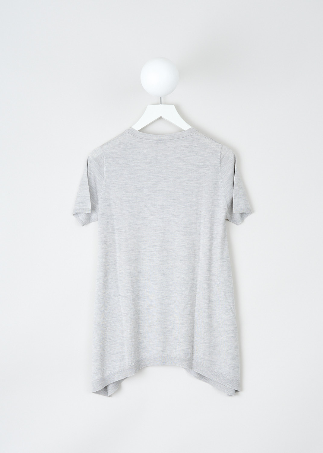 Brunello Cucinelli, Heather grey A-line top, M13807900_C092, Grey, Back, This heather grey cashmere top has a ribbed round neckline and short sleeves. The top has a wide A-line silhouette with a ribbed. handkerchief hemline
