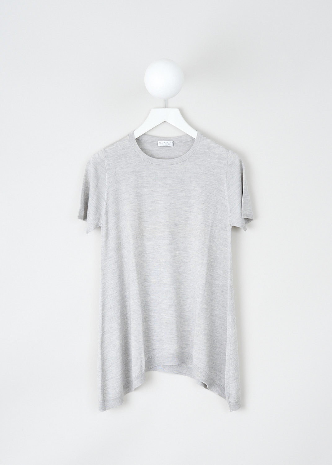 Brunello Cucinelli, Heather grey A-line top, M13807900_C092, Grey, Front, This heather grey cashmere top has a ribbed round neckline and short sleeves. The top has a wide A-line silhouette with a ribbed. handkerchief hemline
