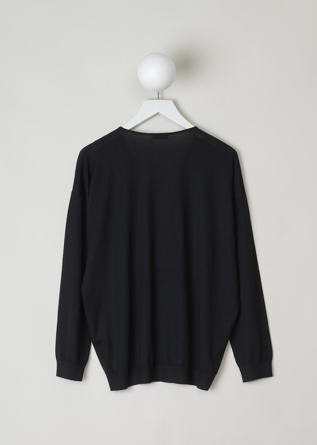 BRUNELLO CUCINELLI, LONG SLEEVE BEADED V-NECK TOP, M13865802_C101, Black, Back, This black long sleeve top is made with a lightweight cashmere blend. The top has a V-neckline that is decorated with the brand's signature monili beads. The cuffs and the hemline have a ribbed finish. 

