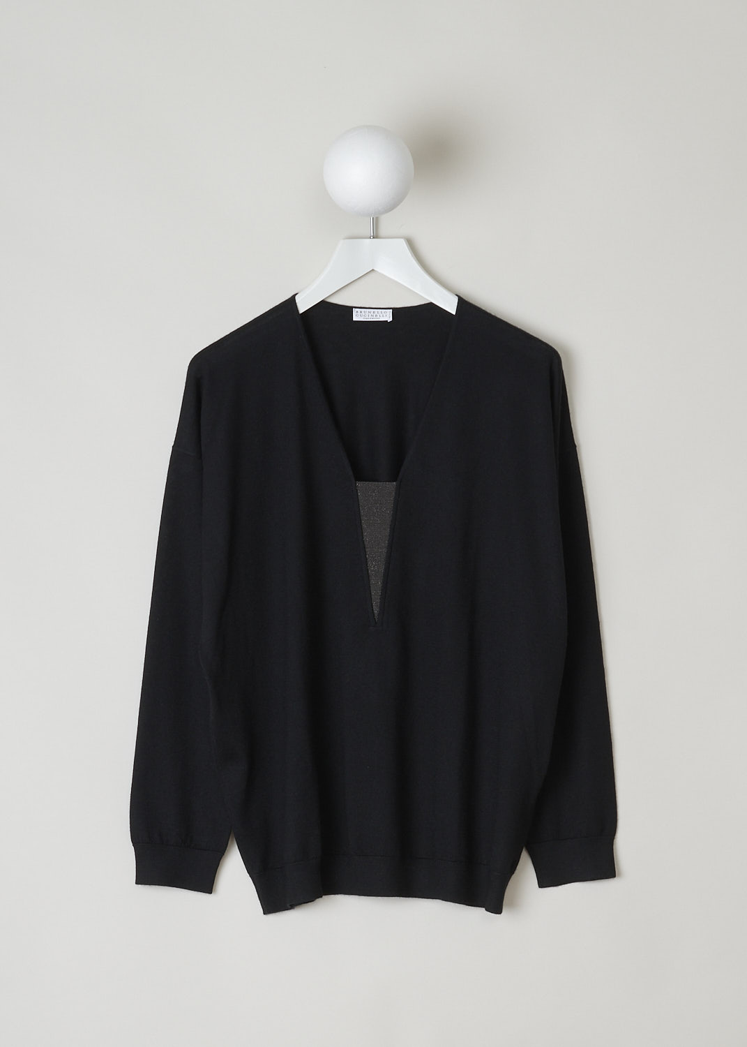 BRUNELLO CUCINELLI, LONG SLEEVE BEADED V-NECK TOP, M13865802_C101, Black, Front, This black long sleeve top is made with a lightweight cashmere blend. The top has a V-neckline that is decorated with the brand's signature monili beads. The cuffs and the hemline have a ribbed finish. 
