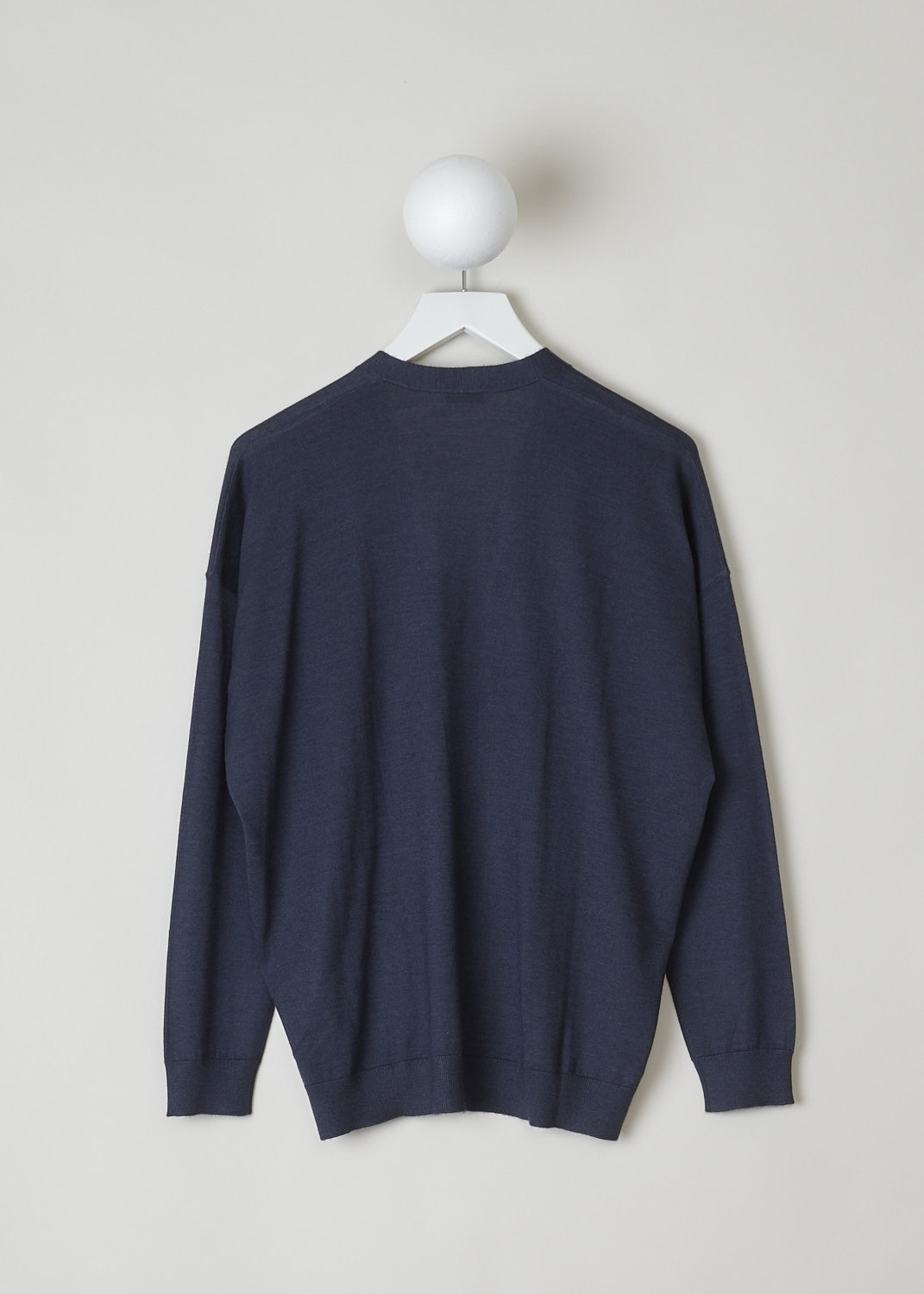 BRUNELLO CUCINELLI, NAVY BLUE LONG WITH SUBTLE MONILI DETAIL, M13874202_C7186, Blue, Back, This navy blue long sleeve top is made with a lightweight cashmere blend. The top has a V-neckline that is decorated with the brand's signature monili beads. The cuffs and the hemline have a ribbed finish. 
