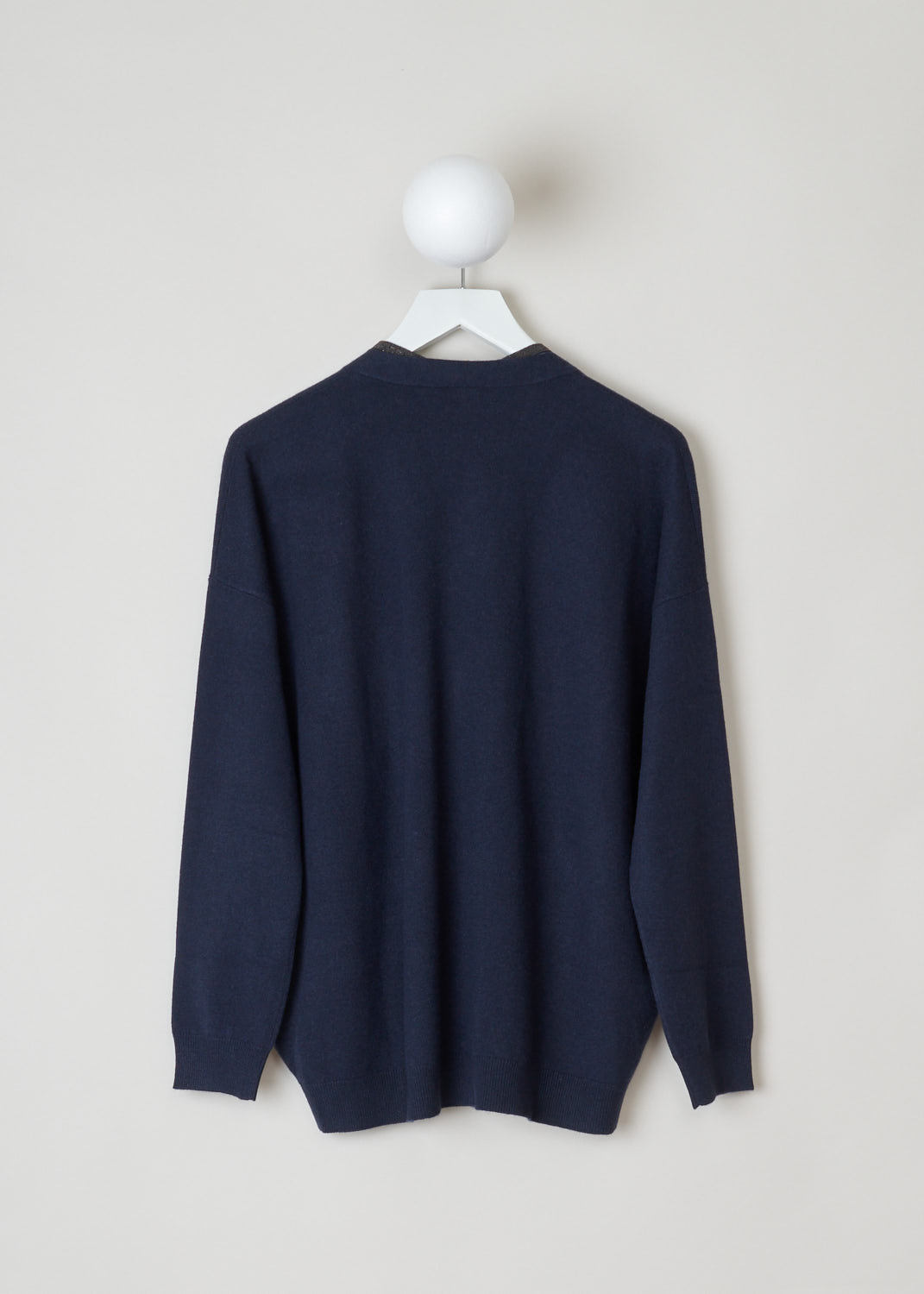 Brunello Cucinelli, Oversized navy cardigan, M16120506_CX033, Blue, Back, This oversized navy blue cardigan has a V-neckline with a detachable monili-beaded tie. The cardigan has a concealed front button closure. 