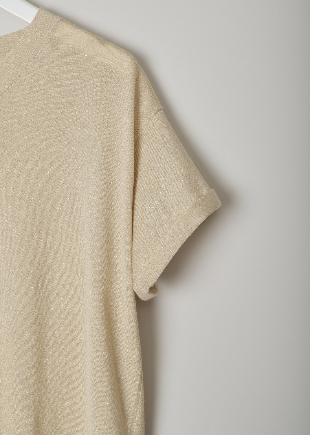 BRUNELLO CUCINELLI, PALE YELLOW TOP WITH LUREX THREADING, M41810002_C2807, Yellow, Detail, This pale yellow top has shimmering lurex threading throughout. The top has a ribbed V-neckline and rolled up short sleeves.   
