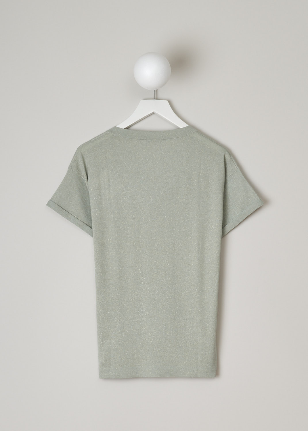 BRUNELLO CUCINELLI, PALE GREEN TOP WITH LUREX THREADING, M41810002_C2847, Green, Back, This pale green top has shimmering gold lurex threading throughout. The top has a ribbed V-neckline and short sleeves with a rolled up hem.  

