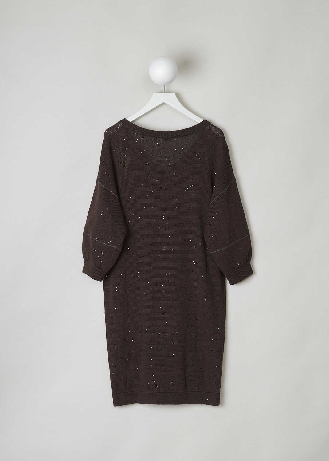 BRUNELLO CUCINELLI, WARM BROWN SWEATER DRESS WITH SEQUINS, Brown, Back, This warm brown knitted sweater dress has a V-neckline, dropped shoulders and three-quarter sleeves. The neckline, cuffs and hemline have a ribbed finish. The dress has sequins sewn in throughout and along the shoulders and across the sleeves, monili beaded strips can be found. The dress has a wider silhouette.  
