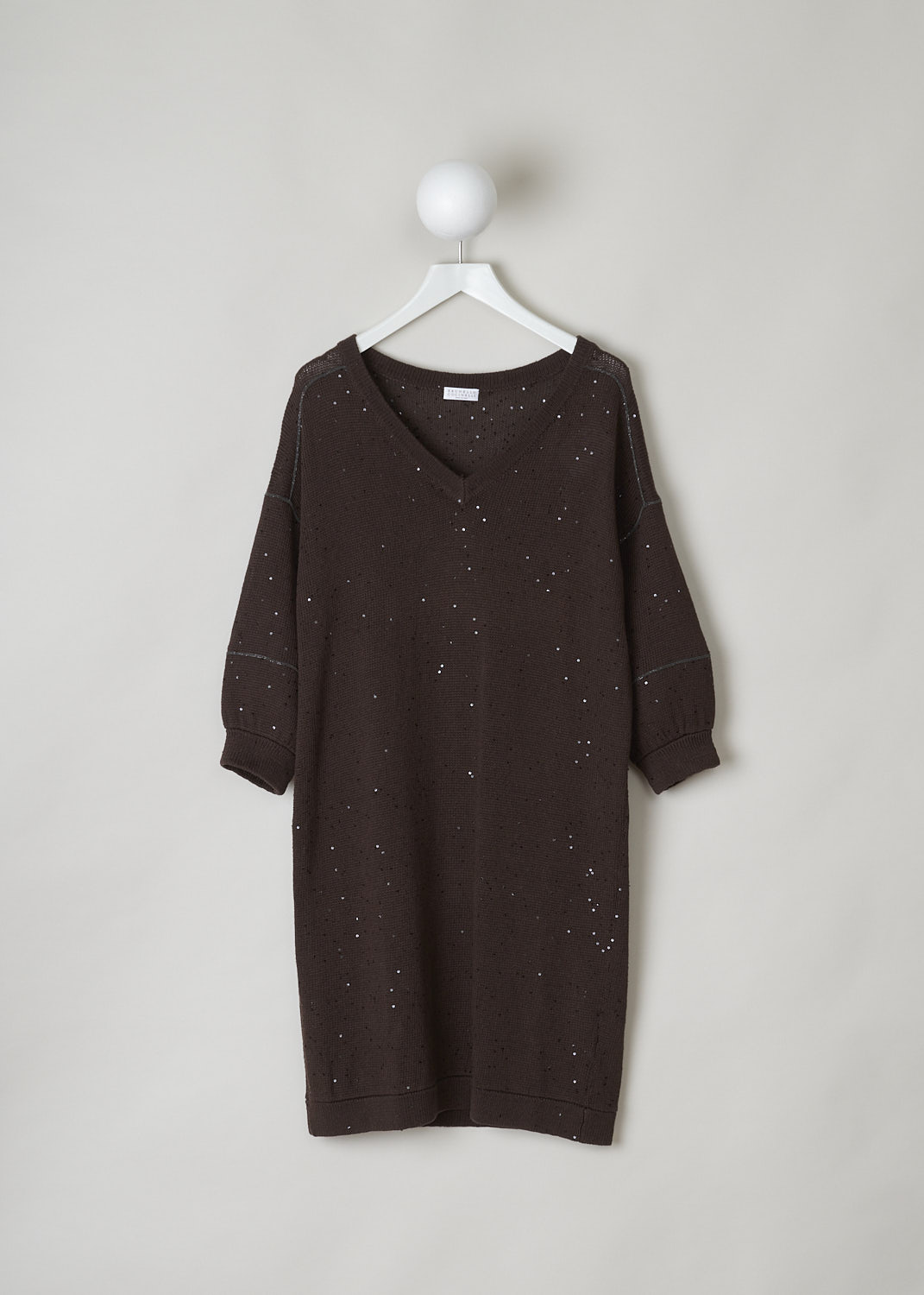 BRUNELLO CUCINELLI, WARM BROWN SWEATER DRESS WITH SEQUINS, Brown, Front, This warm brown knitted sweater dress has a V-neckline, dropped shoulders and three-quarter sleeves. The neckline, cuffs and hemline have a ribbed finish. The dress has sequins sewn in throughout and along the shoulders and across the sleeves, monili beaded strips can be found. The dress has a wider silhouette.  
