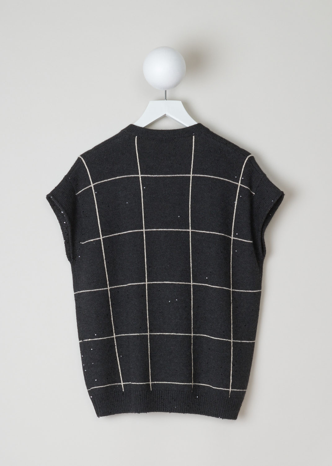 Brunello Cucinelli, charcoal checkered spencer, M73542302_CE420, black white, back, Made with a large check checkered pattern. This spencer has an oversized fit. Featuring a deep v-neckline and charcoal coloured sequins only visible when the light hits them.