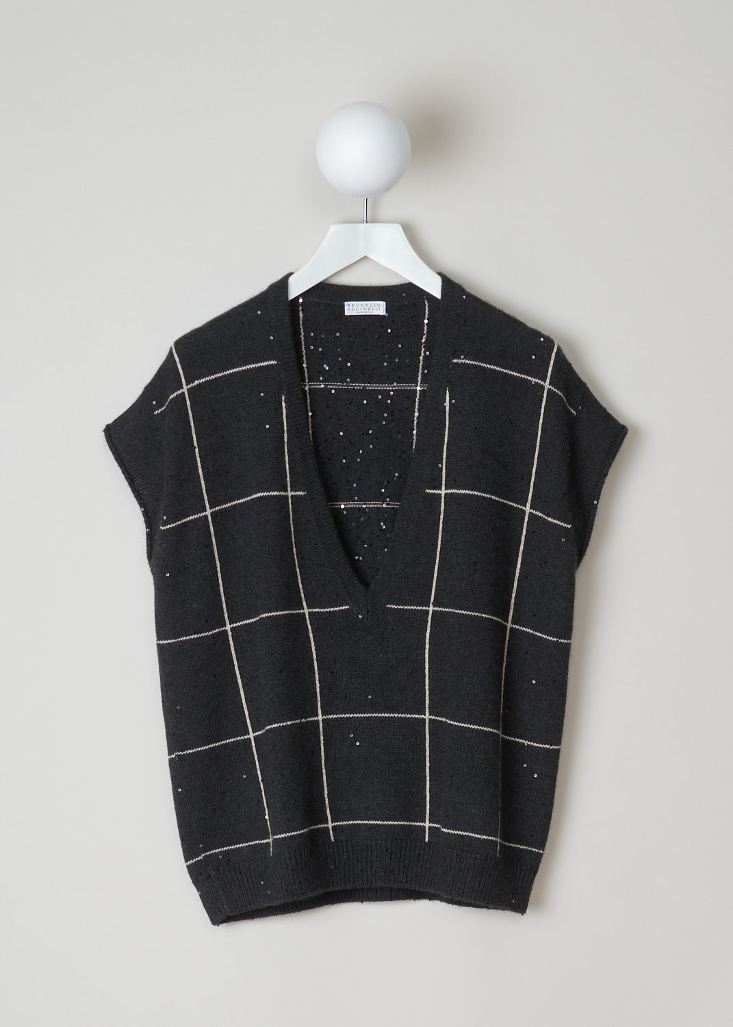 Brunello Cucinelli, charcoal checkered spencer, M73542302_CE420, black white, front, Made with a large check checkered pattern. This spencer has an oversized fit. Featuring a deep v-neckline and charcoal coloured sequins only visible when the light hits them.
