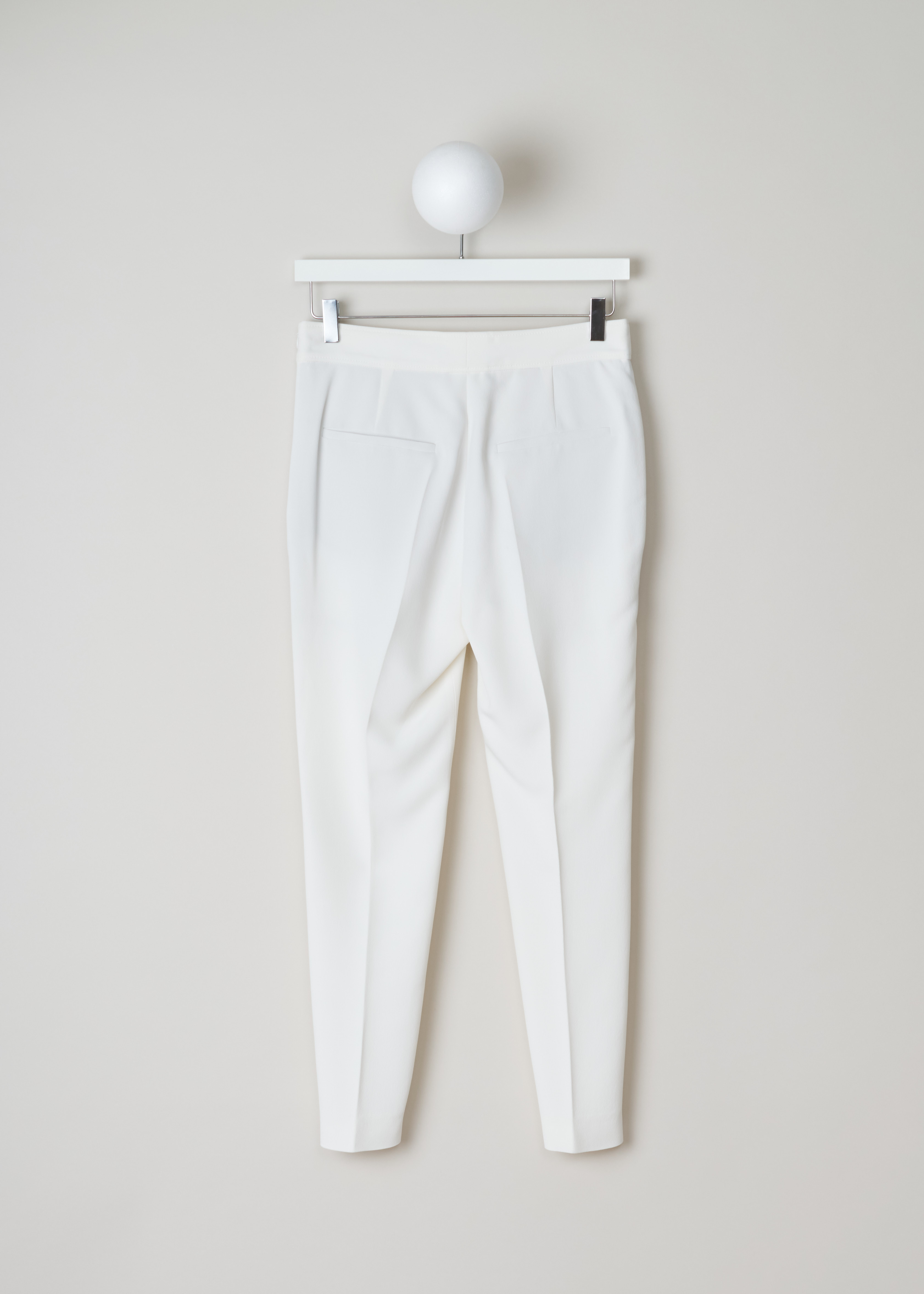 Brunello Cucinelli, White pants, MA029P6301_C600, White, Back, White classic pants with centre creases, side pockets and a welt pocket on the back. With an invisible zipper on the side as fastening.