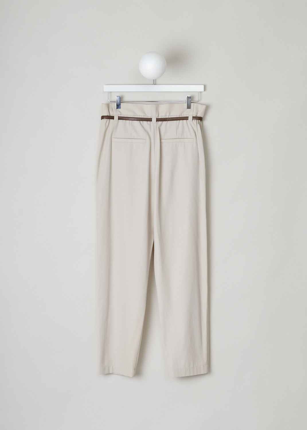 BRUNELLO CUCINELLI, BEIGE PANTS WITH TAPERED LEGS, MA033P7379_C8501, Beige, Back, These beige pleated pants have a half elasticated waistband. The waistband has both broad and a narrow belt loops and comes with a brown leather belt through the narrow belt loops. A concealed snap button and zipper function as the closure option. These pants have a pleated front with tapered pant legs. Slanted pockets can be found in the front and welt pockets in the back.  
