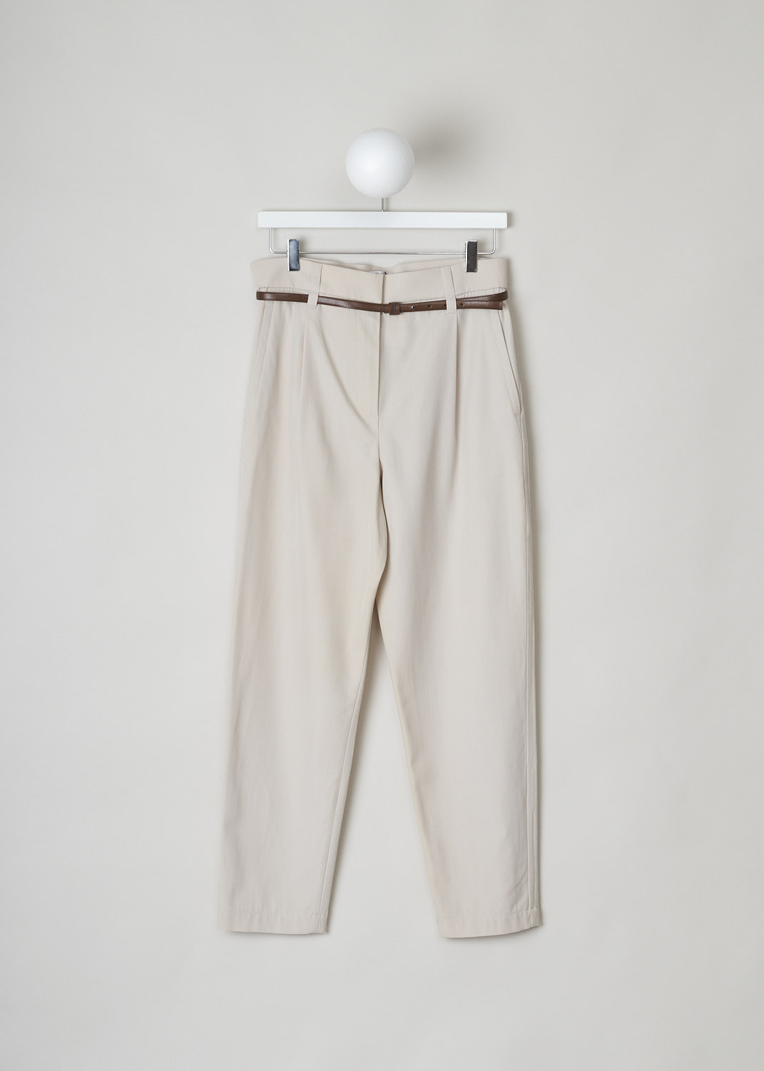 BRUNELLO CUCINELLI, BEIGE PANTS WITH TAPERED LEGS, MA033P7379_C8501, Beige, Front, These beige pleated pants have a half elasticated waistband. The waistband has both broad and a narrow belt loops and comes with a brown leather belt through the narrow belt loops. A concealed snap button and zipper function as the closure option. These pants have a pleated front with tapered pant legs. Slanted pockets can be found in the front and welt pockets in the back.  
