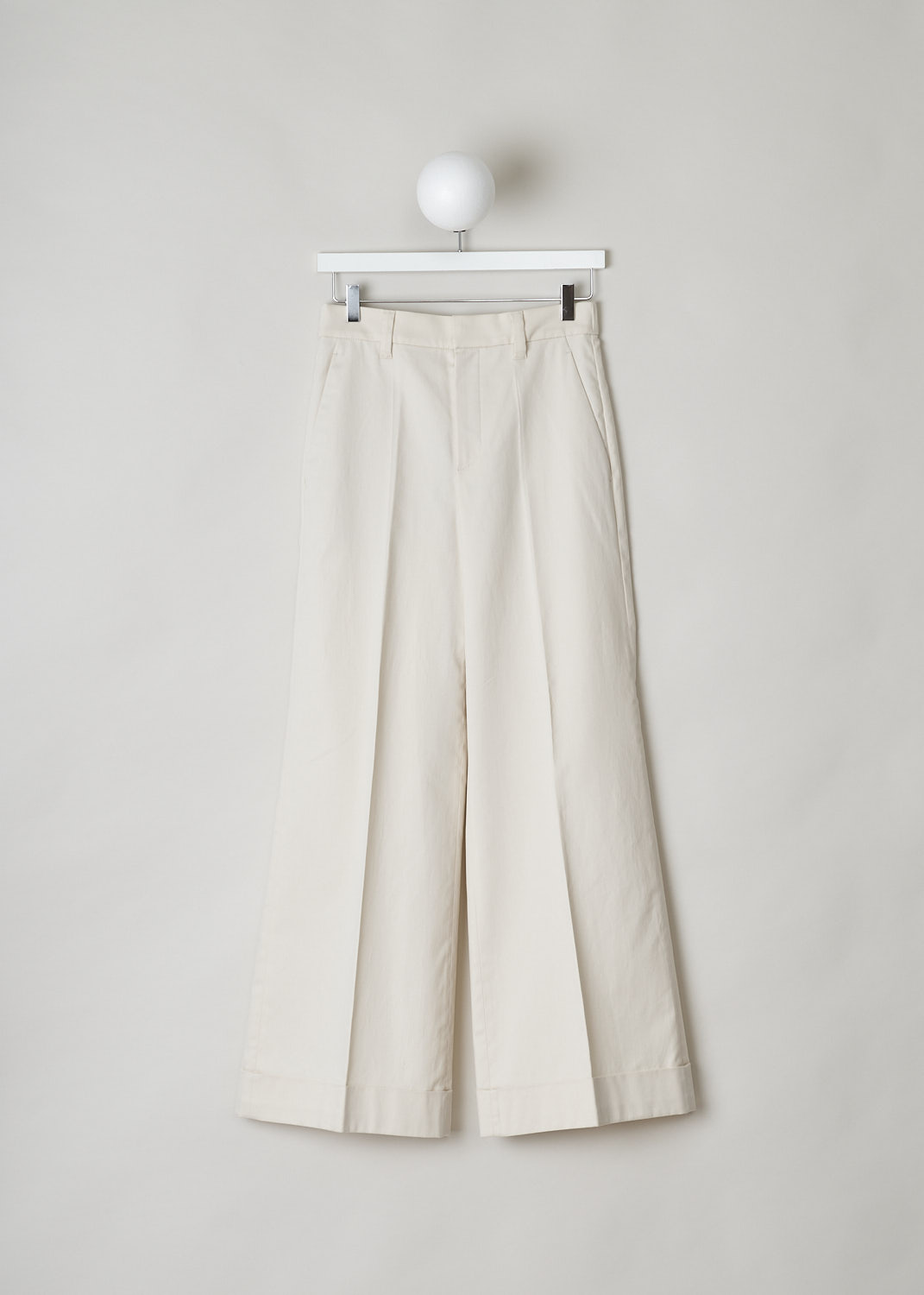 BRUNELLO CUCINELLI, BEIGE WIDE-LEG PANTS, MA130P7008_C7365, Beige, White, Front, These beige pants have straight wider pant legs with a folded hem. The pant legs have pressed centre creases. The waistline has belt loops and is elasticated in the back. The closure option is a concealed hook and zipper. The pants have forward slanted pockets in the front and welt pockets in the back. 


