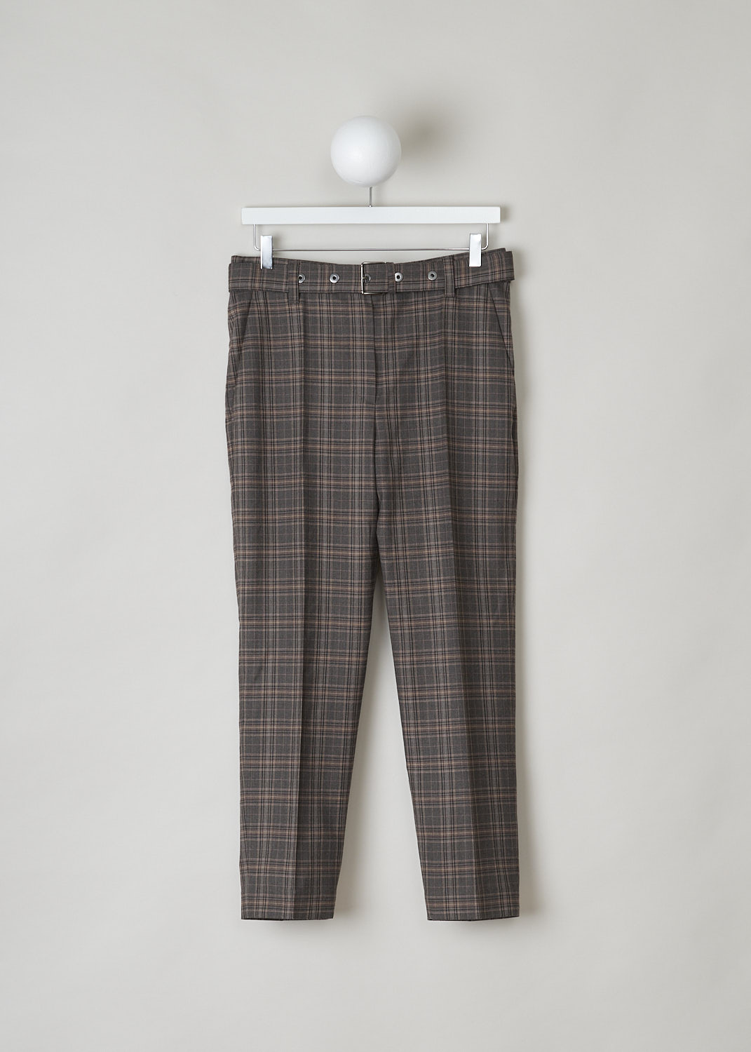 BRUNELLO CUCINELLI, BROWN CHECKERED PANTS WITH BELT, MA143P7055_C001, Brown, Print, Front, These brown checkered pants come with a detachable belt in the same fabric with a metal belt buckle. The pants have tapered pant legs with pressed centre creases. These pants have slanted pockets in the front and welt pockets in the back.

