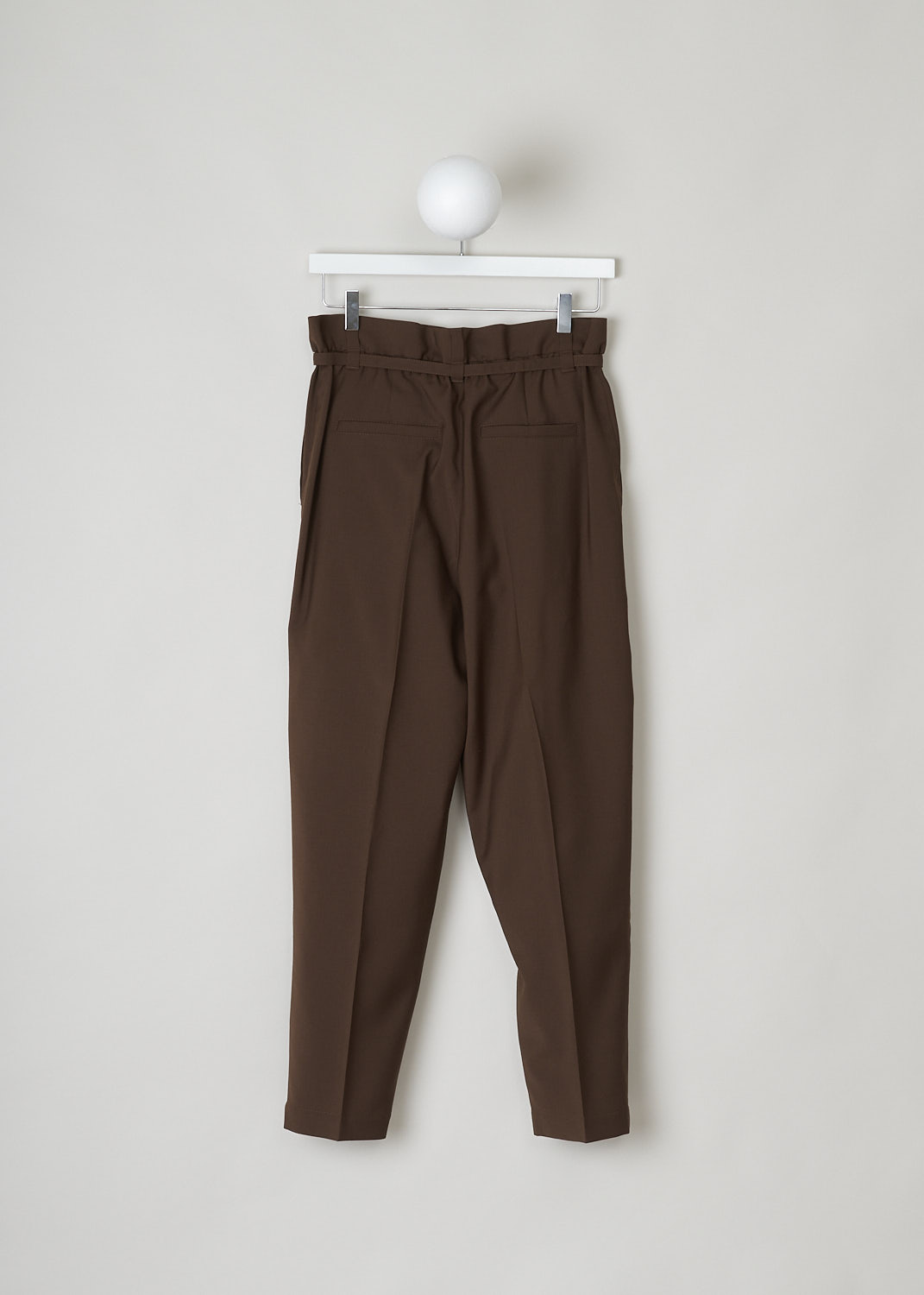 BRUNELLO CUCINELLI, BROWN PAPERBAG PANTS, MA185P7461_C8517, Brown, Back, These brown pants have a paperbag waist which is half elasticated. These pants come with both a broad and a narrow belt loop. A narrow fabric belt with monili beading is included. A concealed snap button and zipper function as the closure option. These pants have tapered pant legs with centre creases. Slanted pockets can be found in the front and welt pockets in the back.
