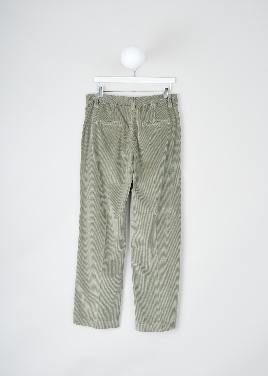 Brunello Cucinelli, Sage green corduroy pants, MB071P5795_C8686, Green, Back, These sage green corduroy pants have a waistband with belt loops and a concealed front zip closure. These pants have slanted pockets in the front and welt pockets in the back. The straight wide pant legs have straight hems. 
