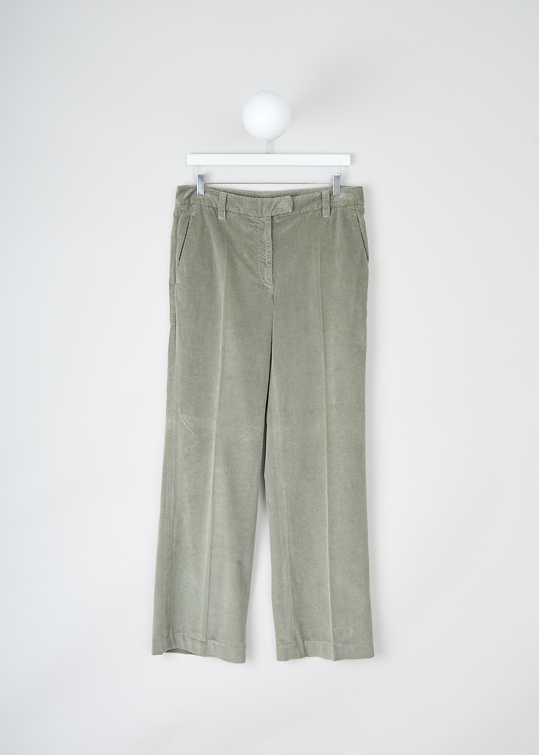 Brunello Cucinelli, Sage green corduroy pants, MB071P5795_C8686, Green, Front, These sage green corduroy pants have a waistband with belt loops and a concealed front zip closure. These pants have slanted pockets in the front and welt pockets in the back. The straight wide pant legs have straight hems. 
