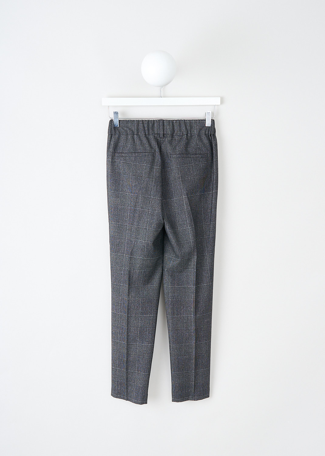 Brunello Cucinelli, Grey check wool pants, MB504P6818_C001, Grey, Back, These wool check slip-on pants have an elasticated waistband. These pants have slanted pockets in the front and welt pockets in the back. Subtle monili trims runs along the side seams. These pants have tapered pant legs with pressed creases. 
