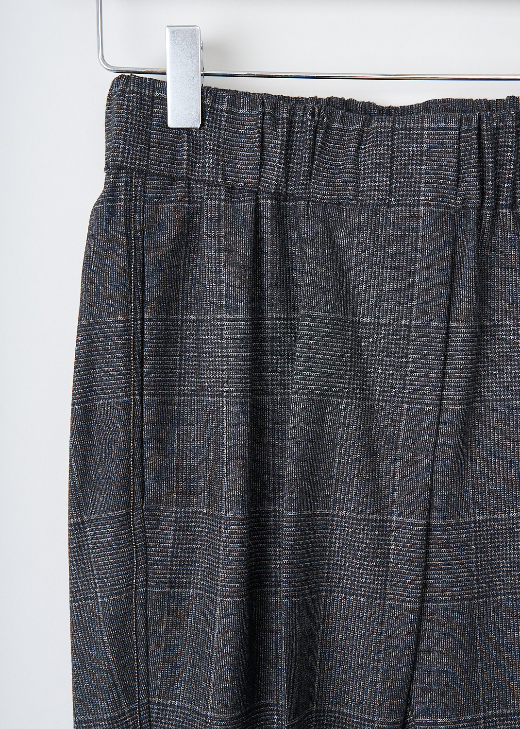 Brunello Cucinelli, Grey check wool pants, MB504P6818_C001, Grey, Detail, These wool check slip-on pants have an elasticated waistband. These pants have slanted pockets in the front and welt pockets in the back. Subtle monili trims runs along the side seams. These pants have tapered pant legs with pressed creases. 
