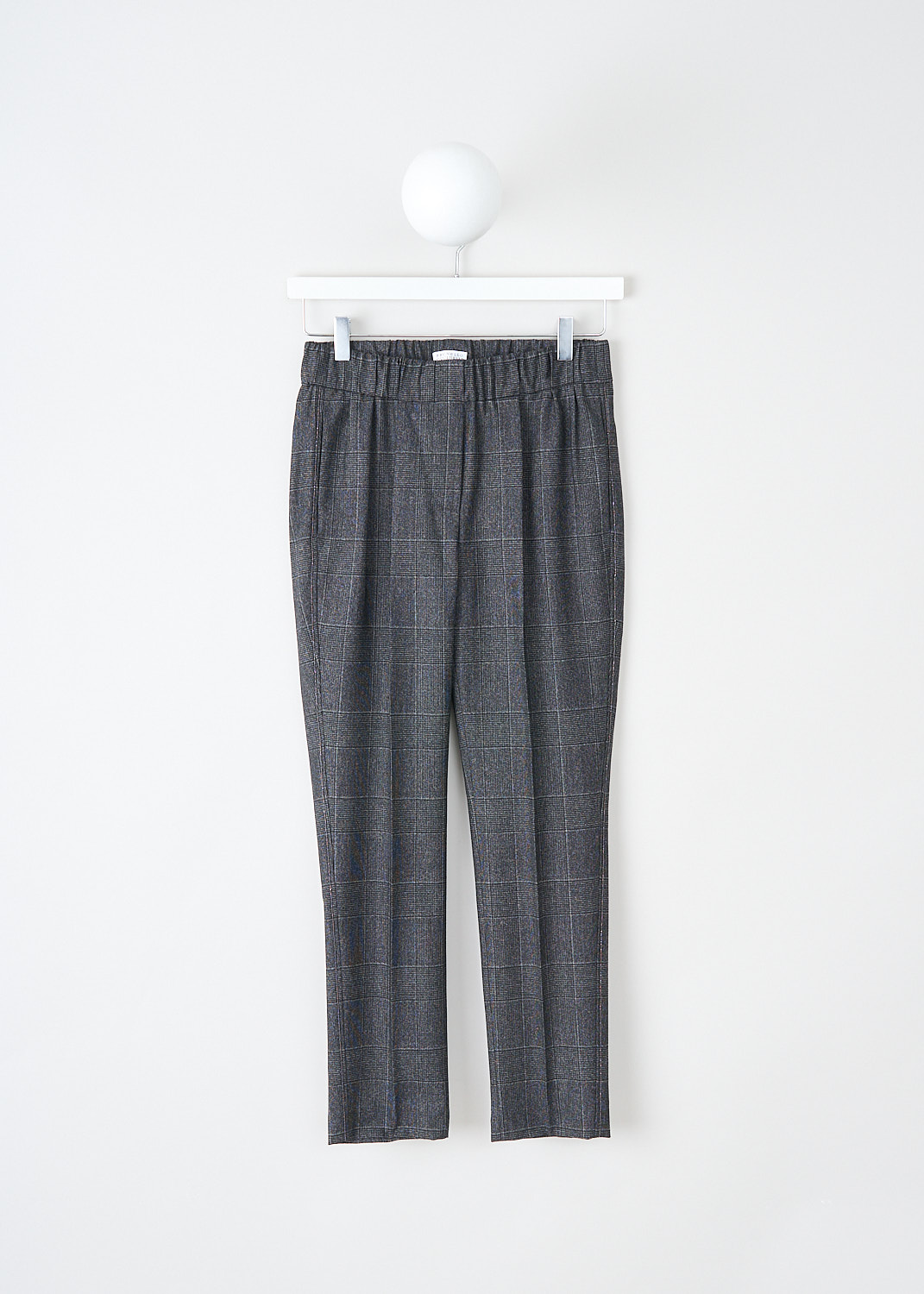 Brunello Cucinelli, Grey check wool pants, MB504P6818_C001, Grey, Front, These wool check slip-on pants have an elasticated waistband. These pants have slanted pockets in the front and welt pockets in the back. Subtle monili trims runs along the side seams. These pants have tapered pant legs with pressed creases. 
