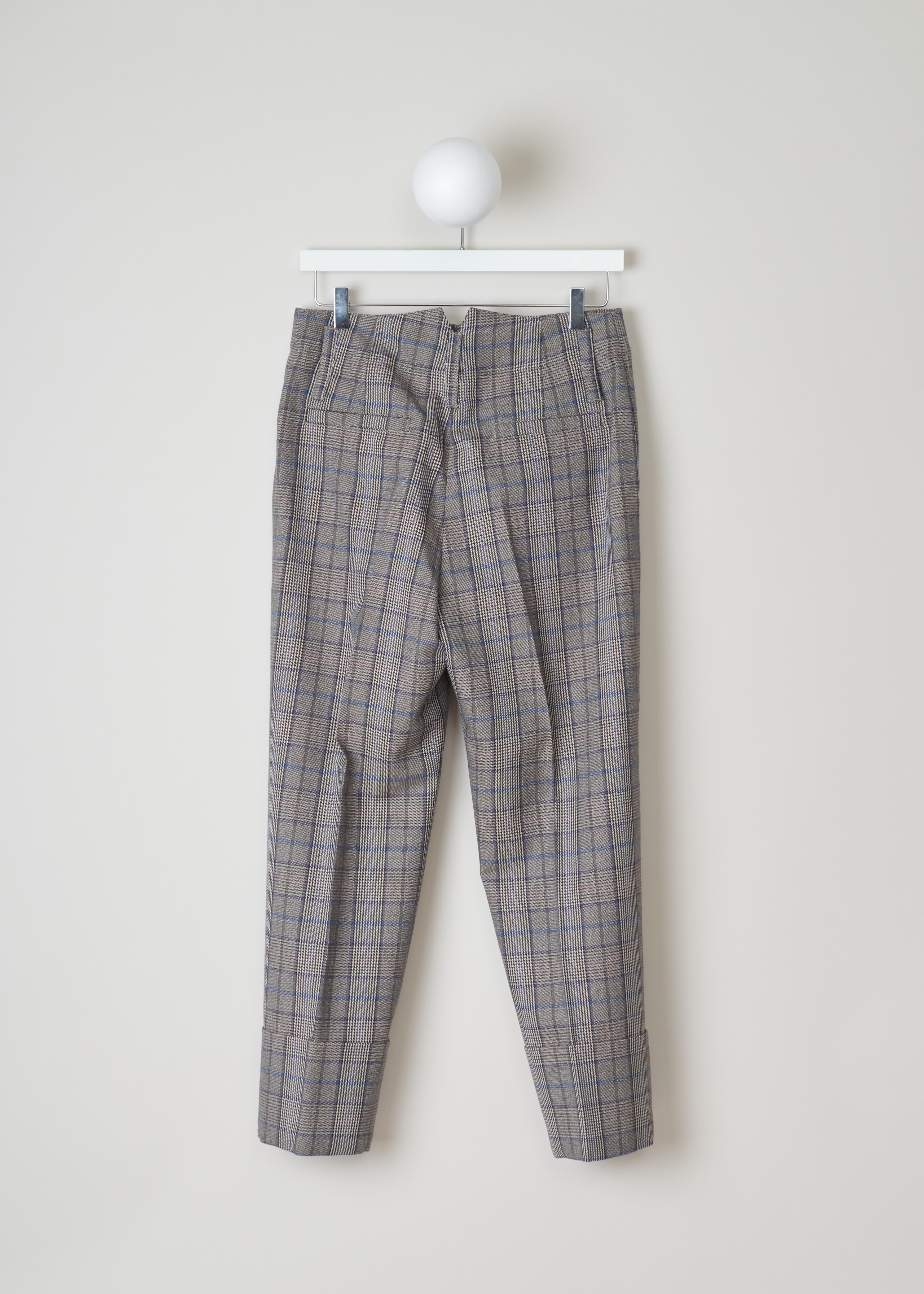 Brunello Cucinelli Brown purple blue checked pants, MB519P7027_C2547 brown back. These plaid wool pants in brown, with hints of purple and blue. Has cropped legs with a turn-up. Belt loops at the waistband. Two slant pockets on the front and two welt pockets on the back.